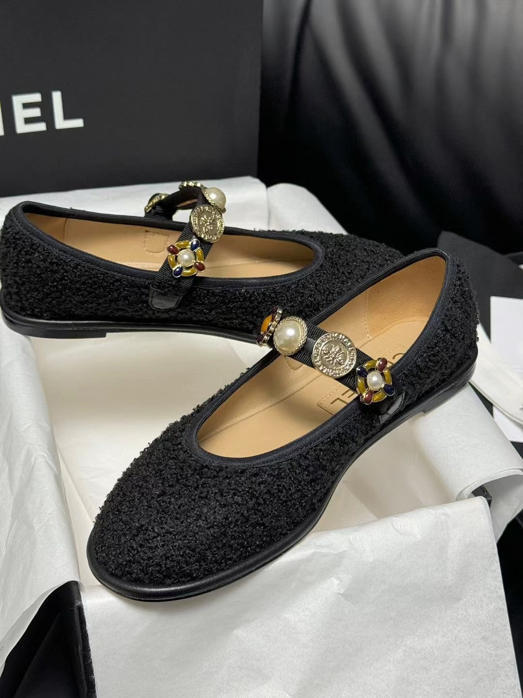 CC MARY JANES BLACK WOOL TWEED AND FABRIC