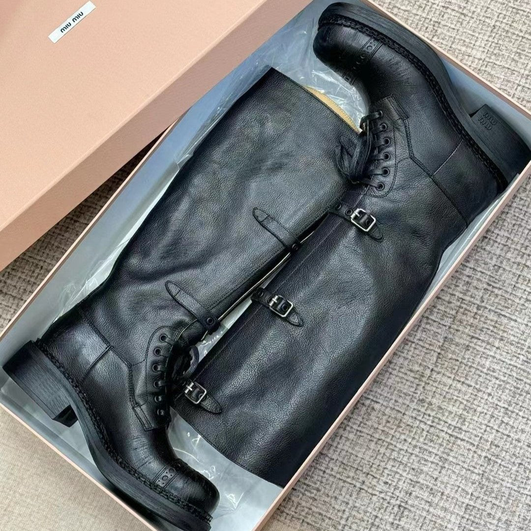 Miu Boots High Neck Black Paint Calfskin