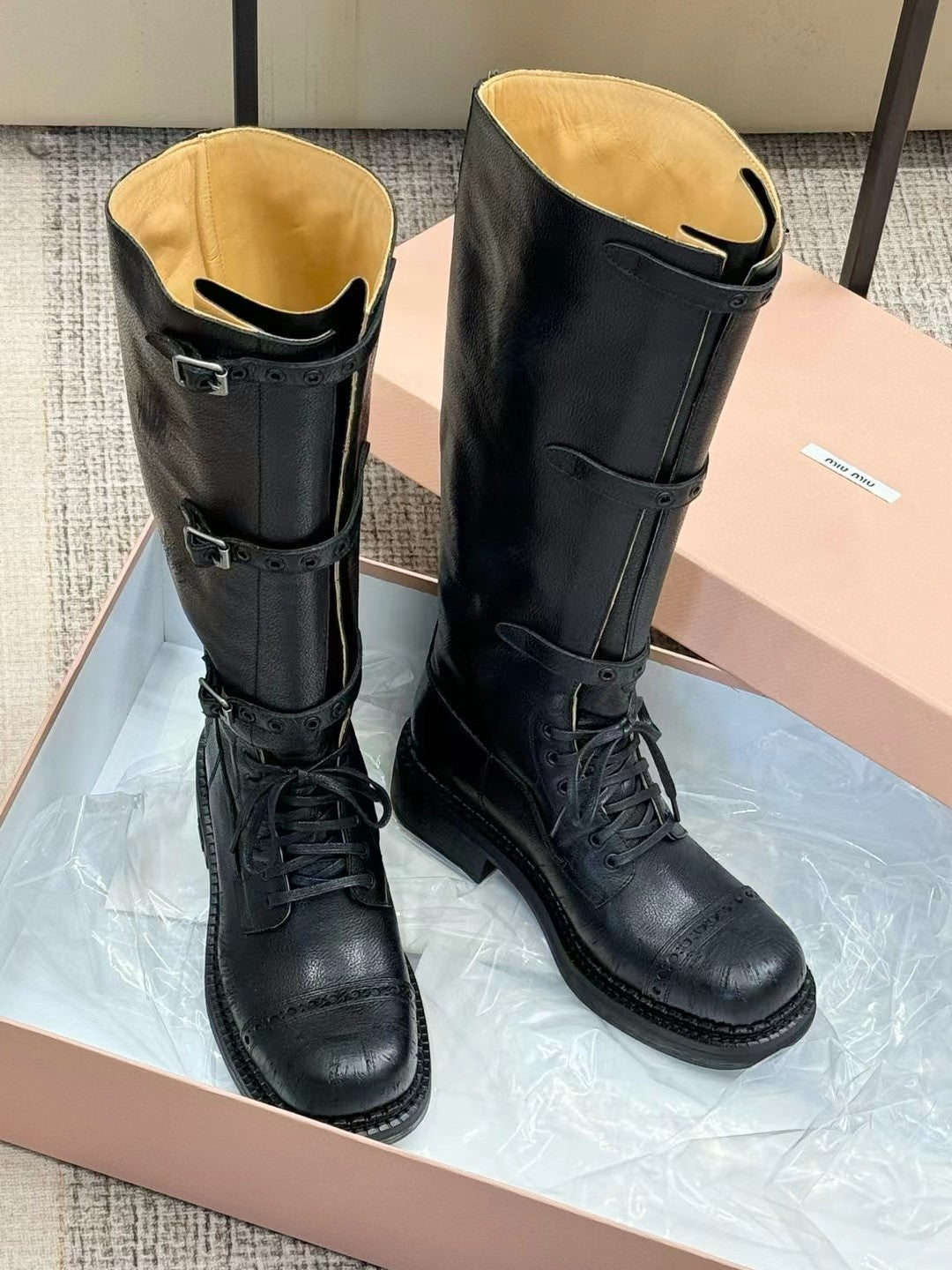 Miu Boots High Neck Black Paint Calfskin