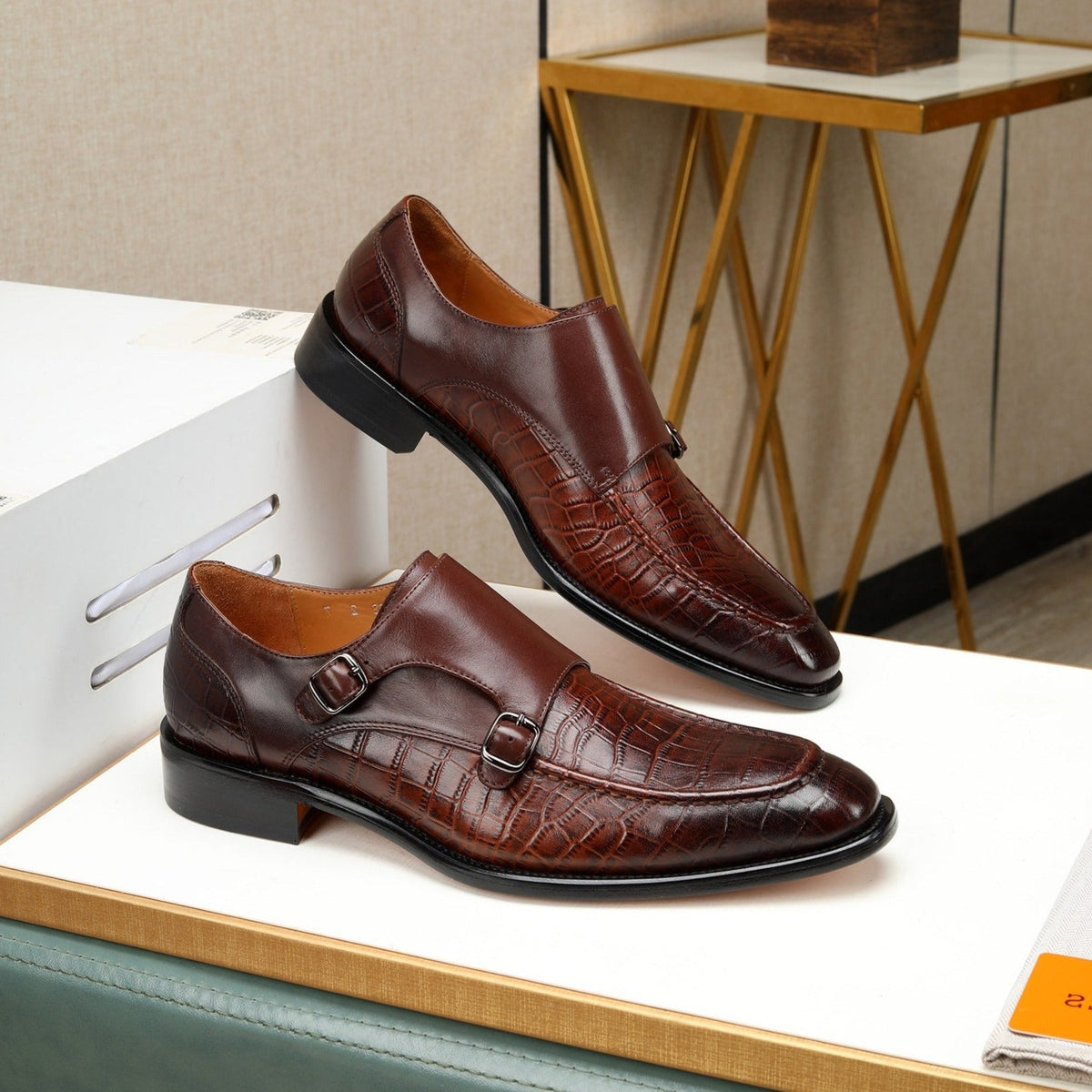 HM DOUBLE MONK STRAP RUSSET WITH CROCODILE MOTIF CALFSKIN