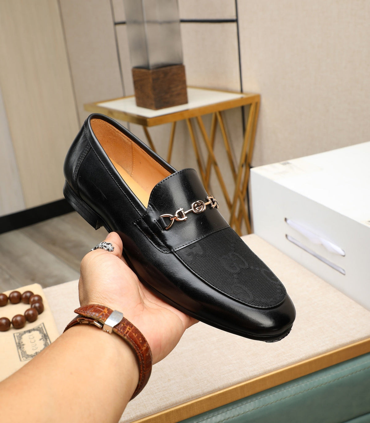 GG Men's Loafer Black Cowhide Canvas 526011