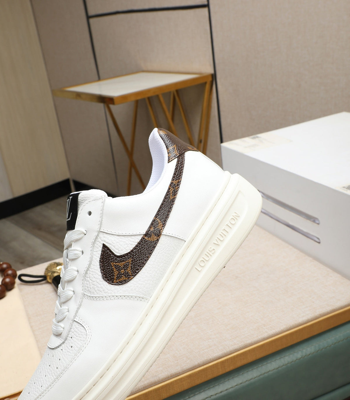 LV AIR FORCE 1 GLOSSY WHITE CALFSKIN WITH BROWN MONOGRAM LOGO