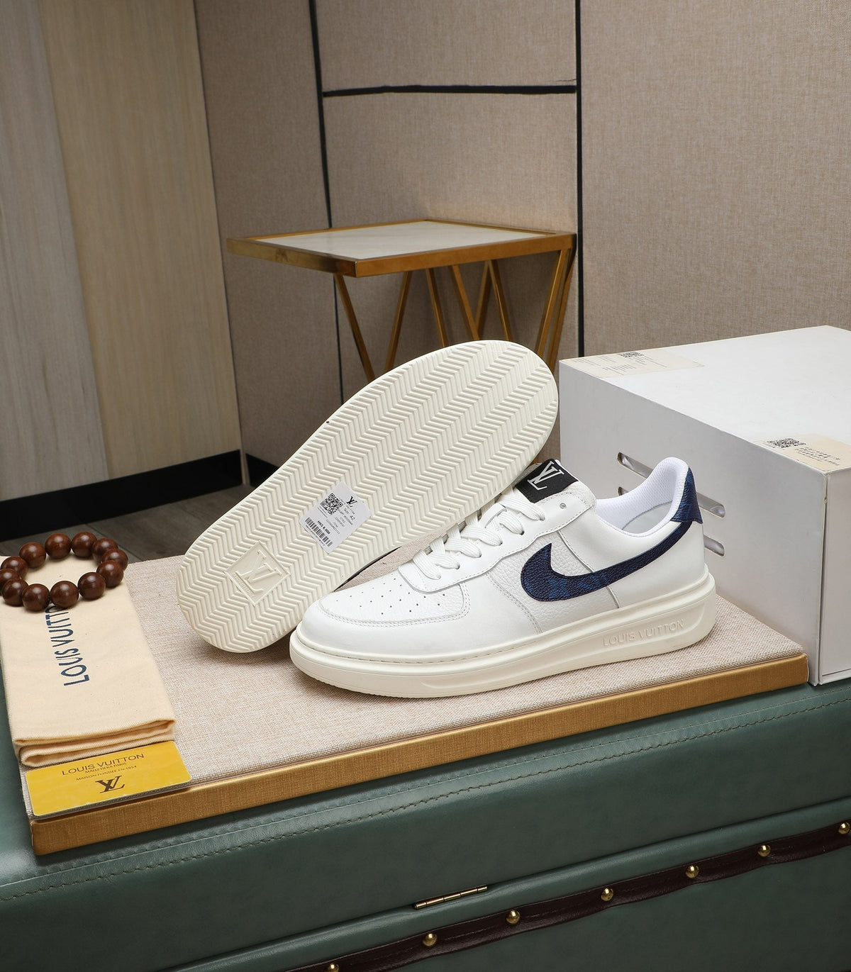 LV AIR FORCE 1 GLOSSY WHITE CALFSKIN WITH BLUE MONOGRAM LOGO