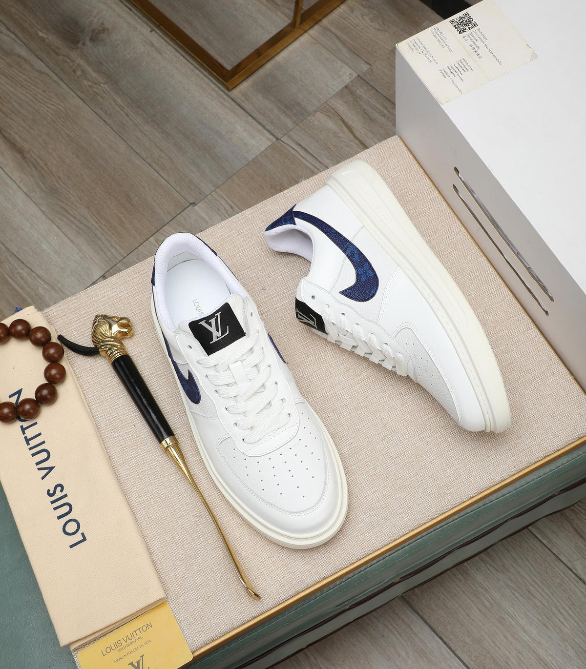 LV AIR FORCE 1 GLOSSY WHITE CALFSKIN WITH BLUE MONOGRAM LOGO