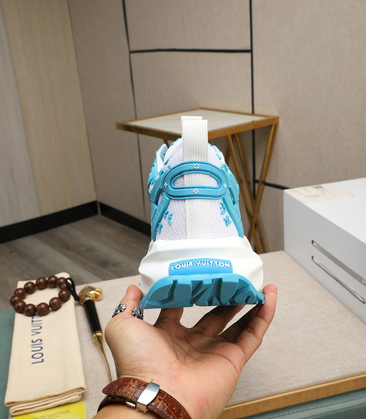LV TRAINER WHITE MIX BLUE CALFSKIN AND BREATHABLE MESH
