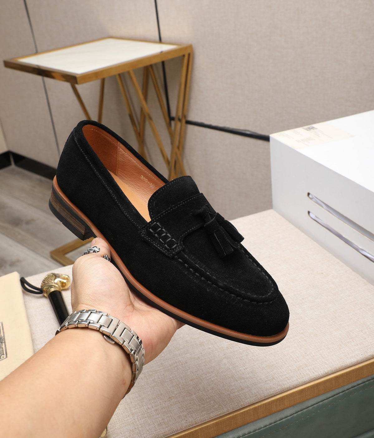 GG Men's Tassel Loafer Black Suede 440167