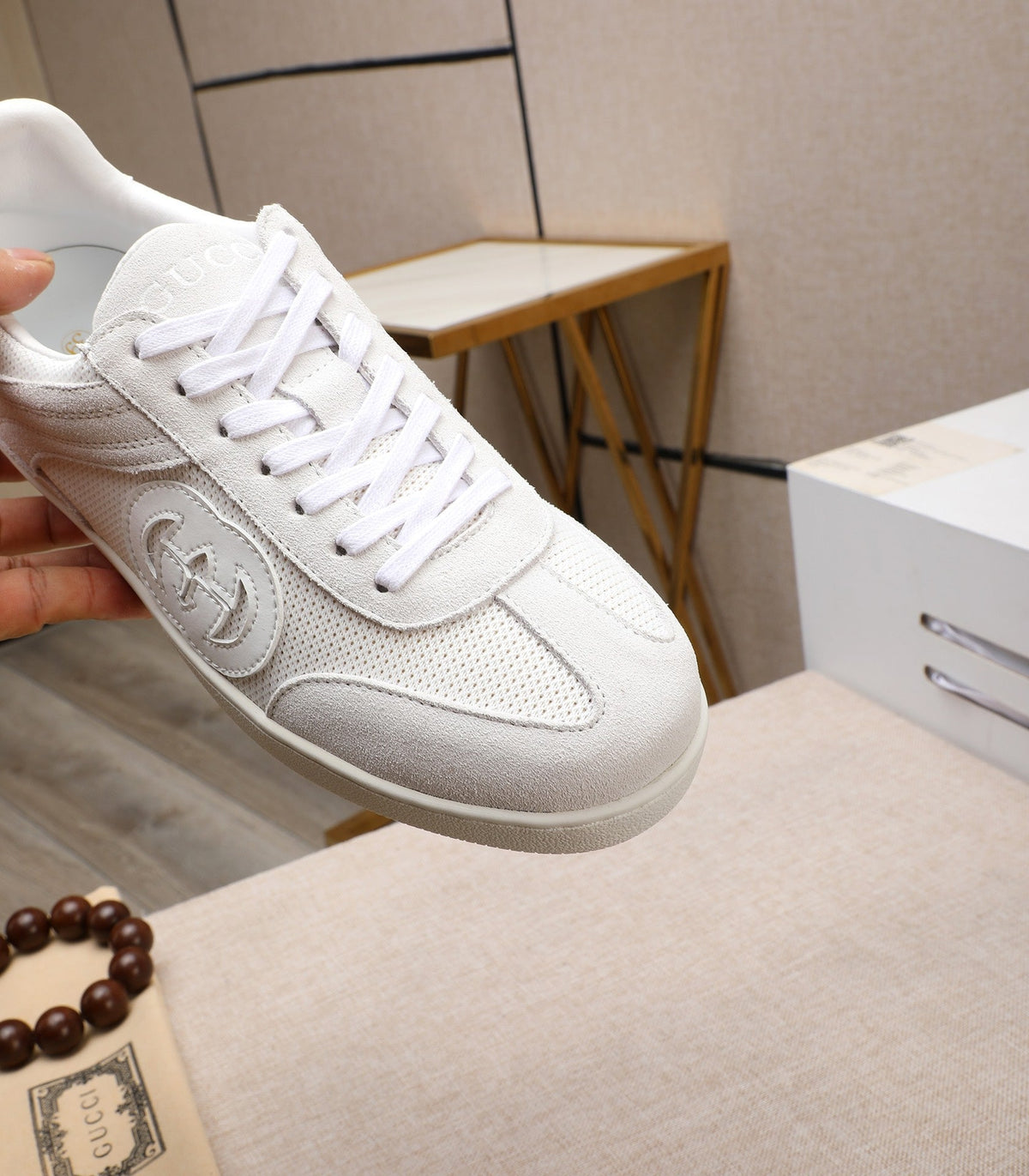 GG Men's G75 Sneaker White Mesh Suede 477880