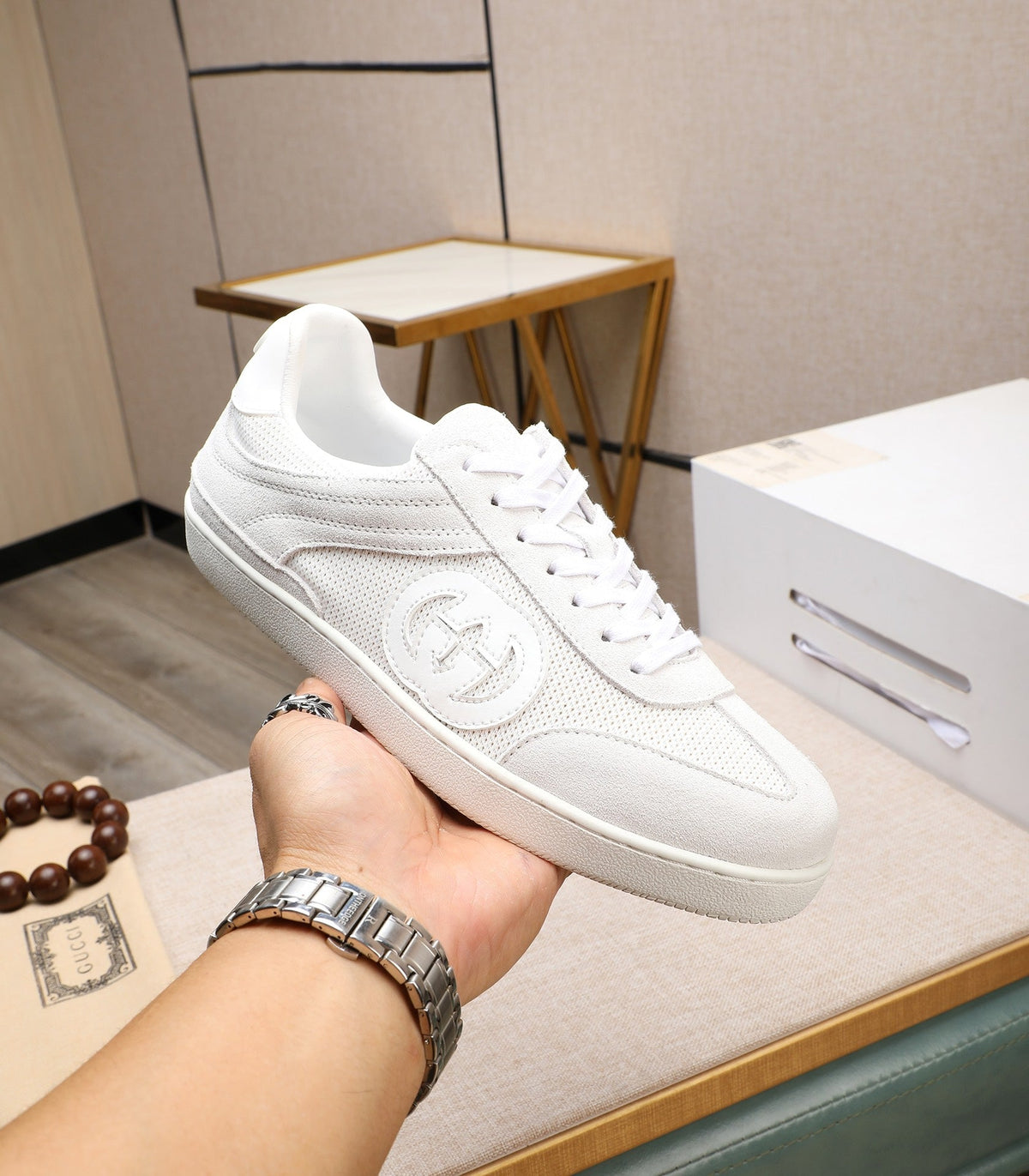 GG Men's G75 Sneaker White Mesh Suede 477880
