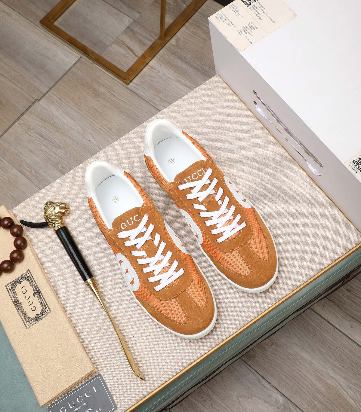 GG Men's G75 Sneaker Brown Orange Mesh Suede 477881