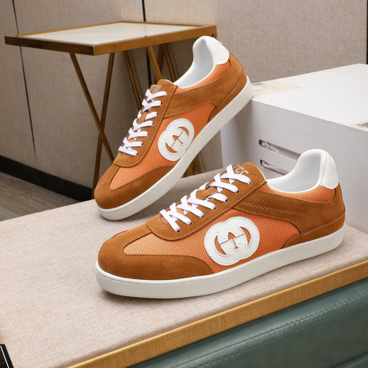 GG Men's G75 Sneaker Brown Orange Mesh Suede 477881