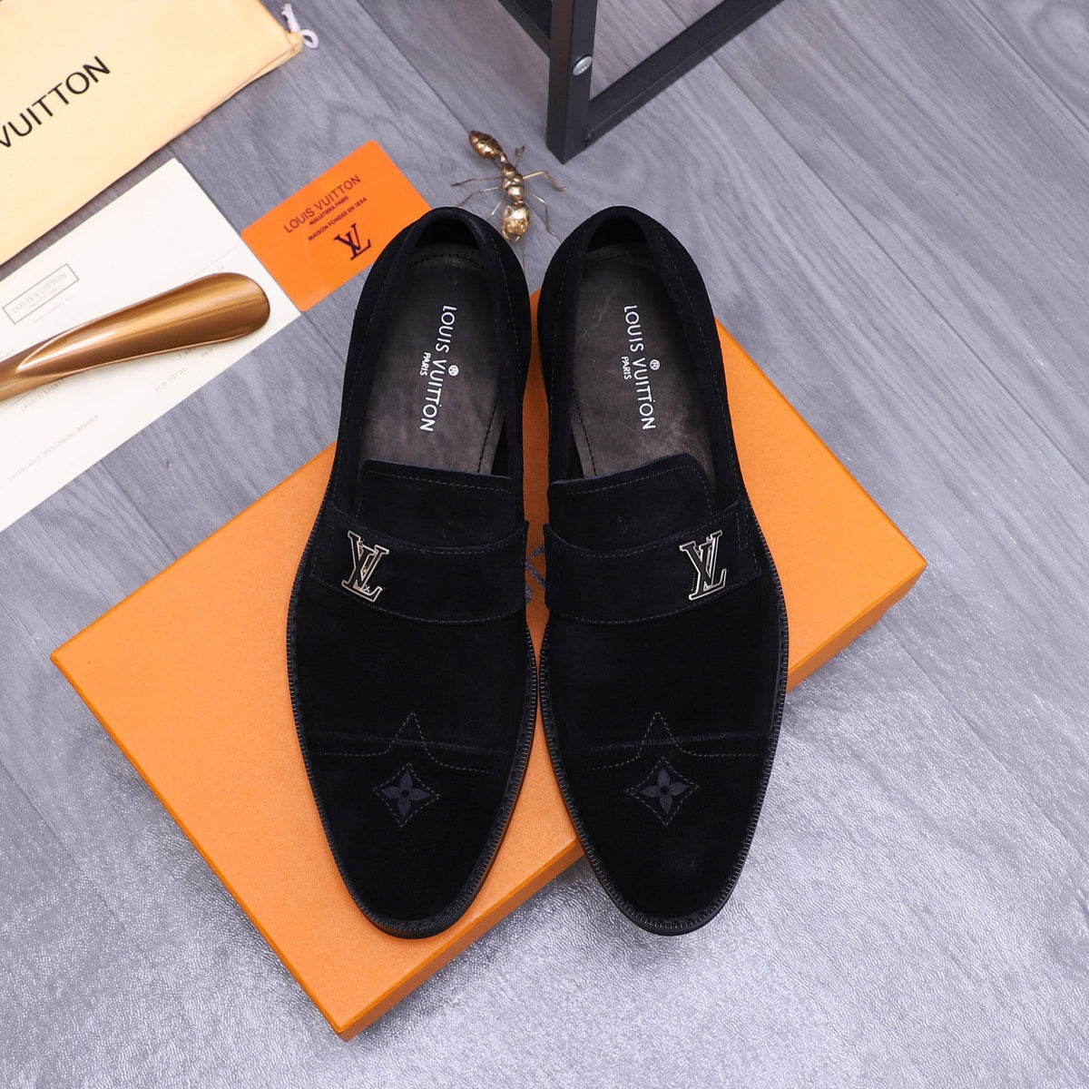 LV LOAFERS IN BLACK SUEDE CALFSKIN WITH SILVER LOGO