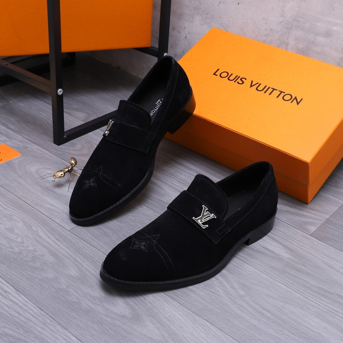 LV LOAFERS IN BLACK SUEDE CALFSKIN WITH SILVER LOGO