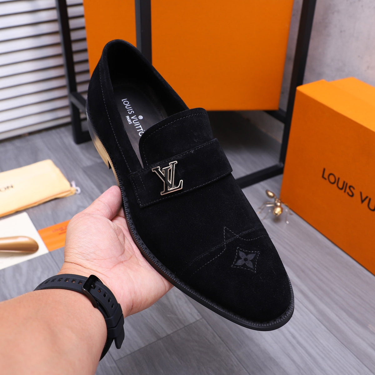 LV LOAFERS IN BLACK SUEDE CALFSKIN WITH SILVER LOGO