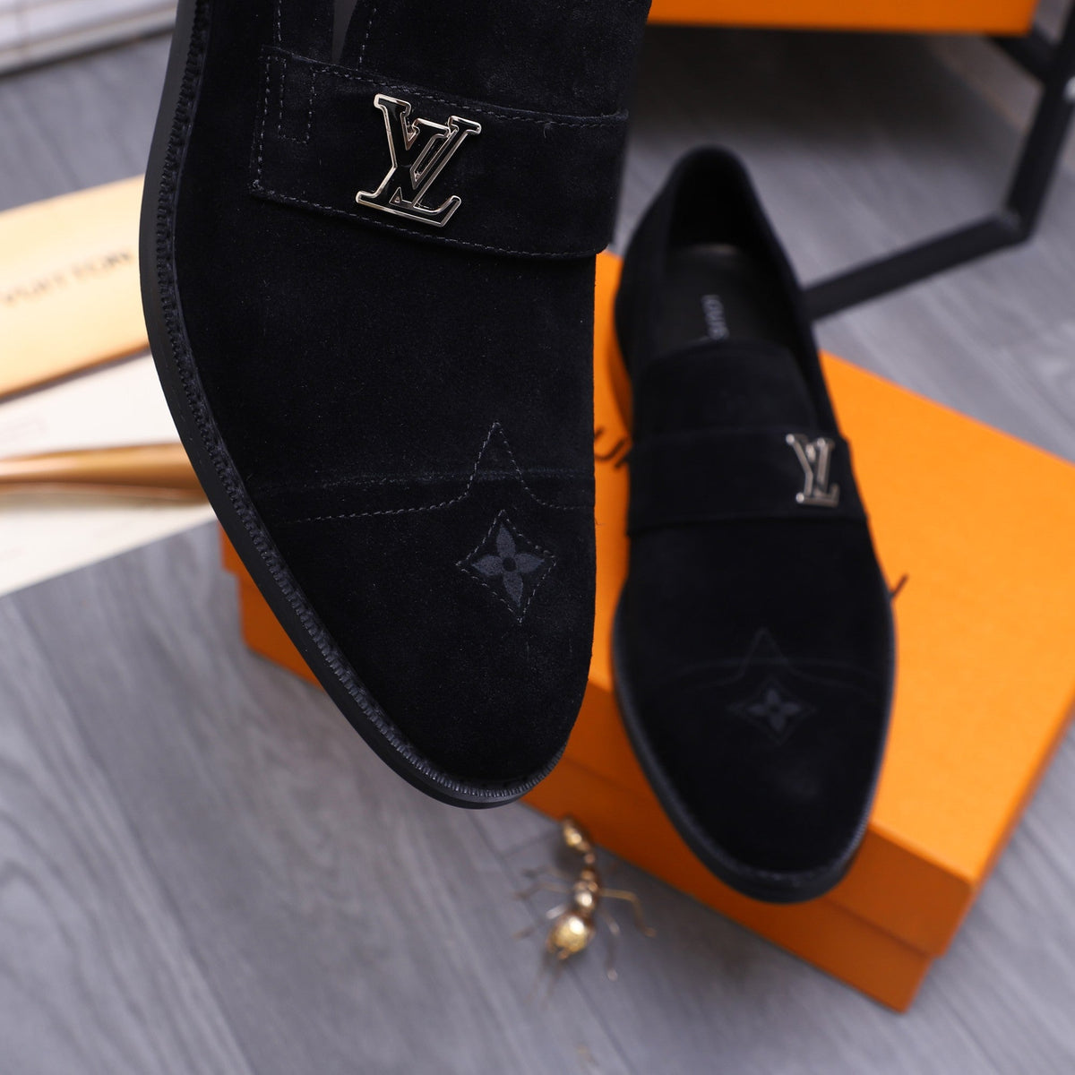 LV LOAFERS IN BLACK SUEDE CALFSKIN WITH SILVER LOGO