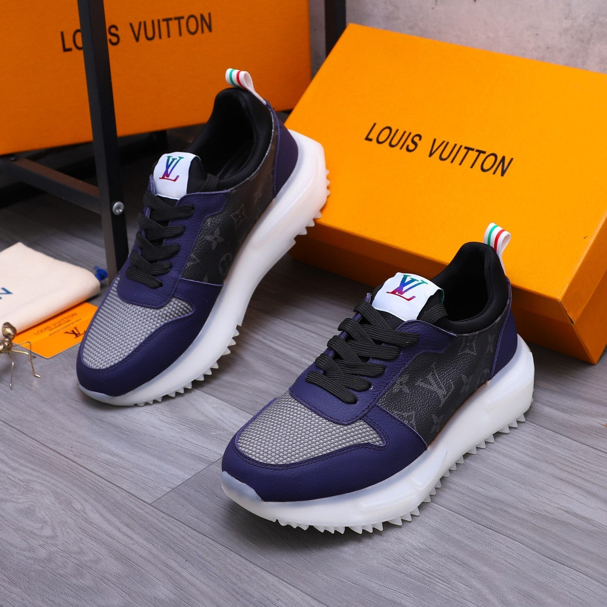LV SNEAKER BLACK MIX NAVY BLUE CALFSKIN AND GREY MESH BREATHABLE
