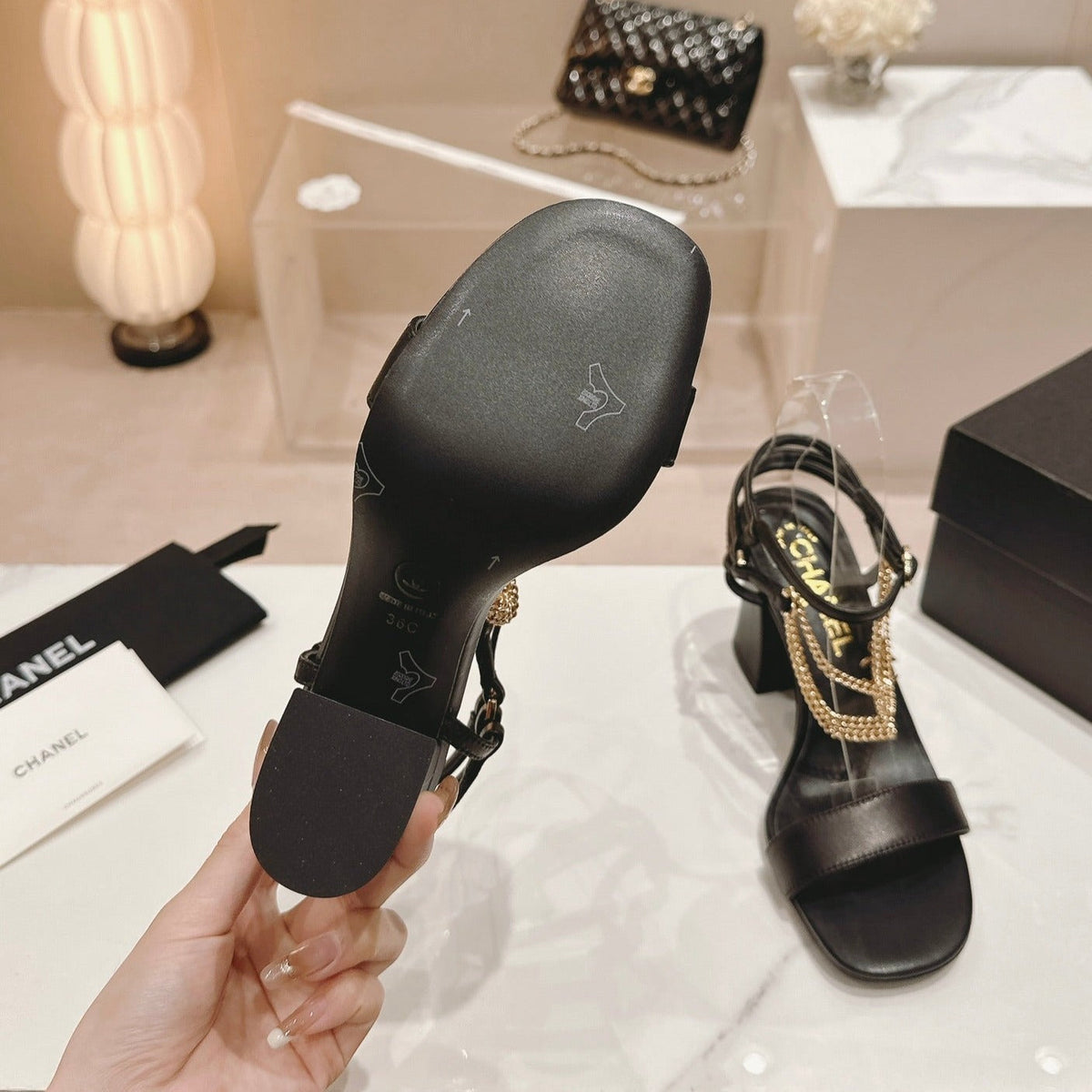 Double C Leather High Heel Sandals Black