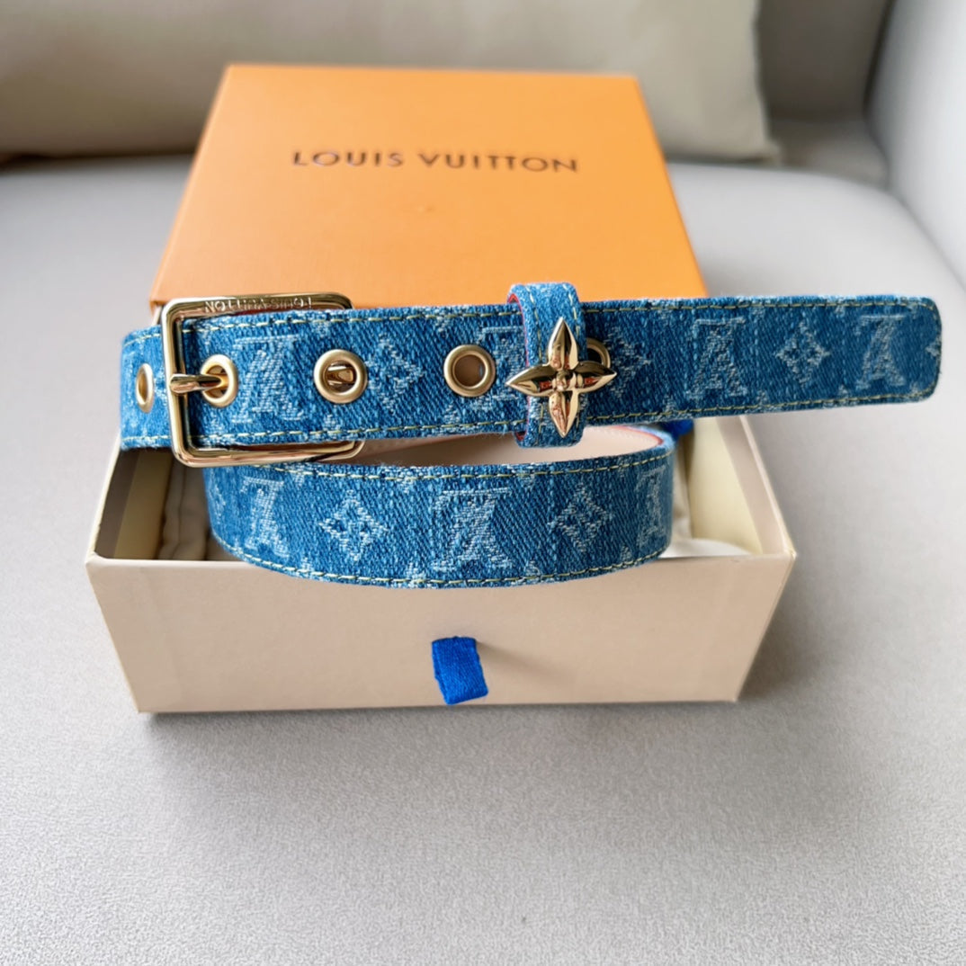 LV FLOWERGRAM ARDILLON 30MM BELT LIGHT BLUE MONOGRAM DENIM GOLD HARDWARE