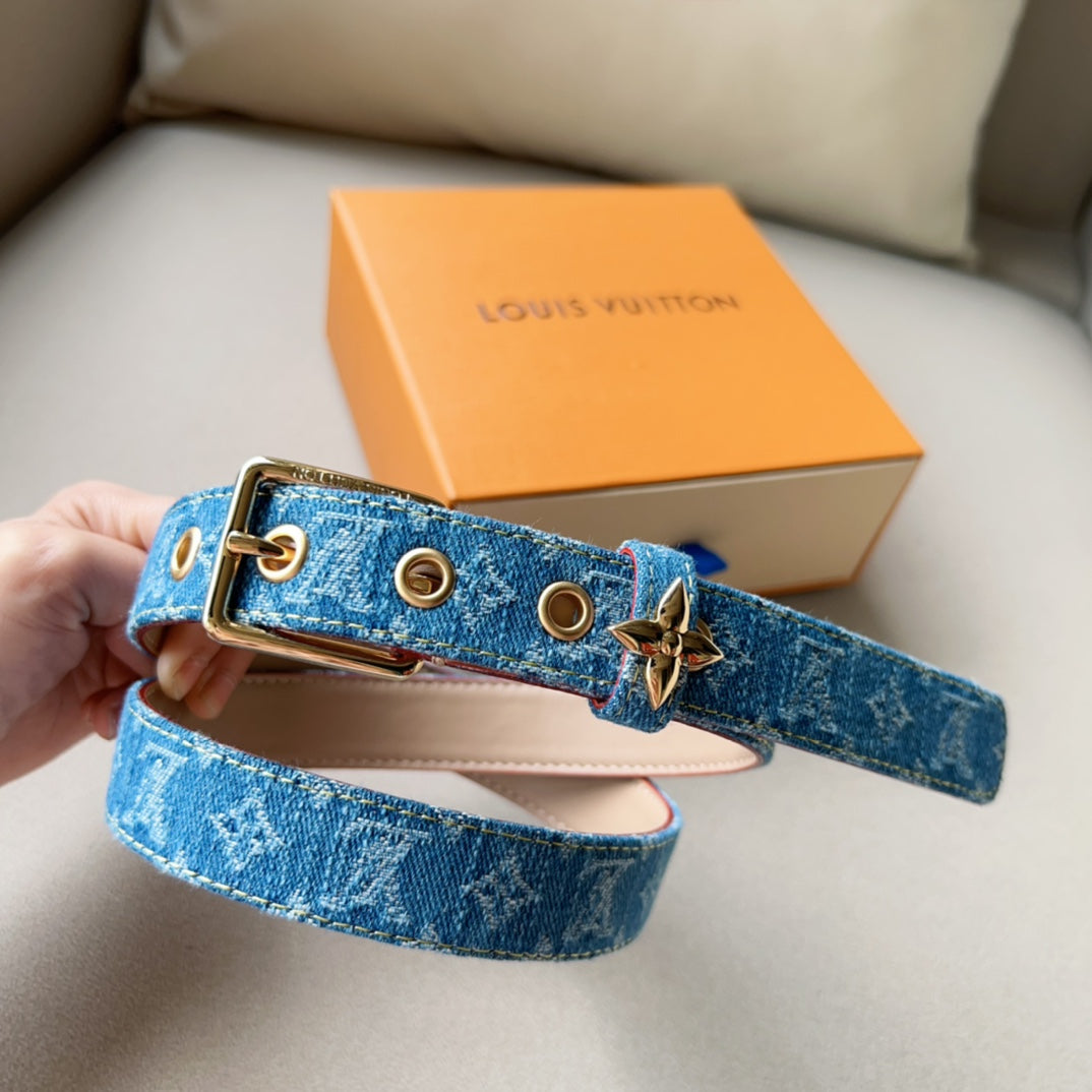 LV FLOWERGRAM ARDILLON 30MM BELT LIGHT BLUE MONOGRAM DENIM GOLD HARDWARE