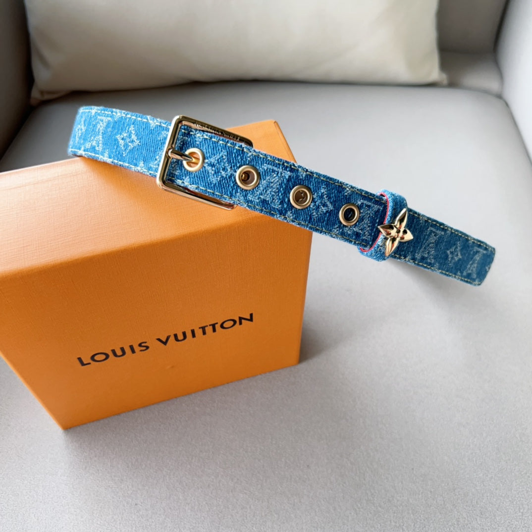 LV FLOWERGRAM ARDILLON 30MM BELT LIGHT BLUE MONOGRAM DENIM GOLD HARDWARE