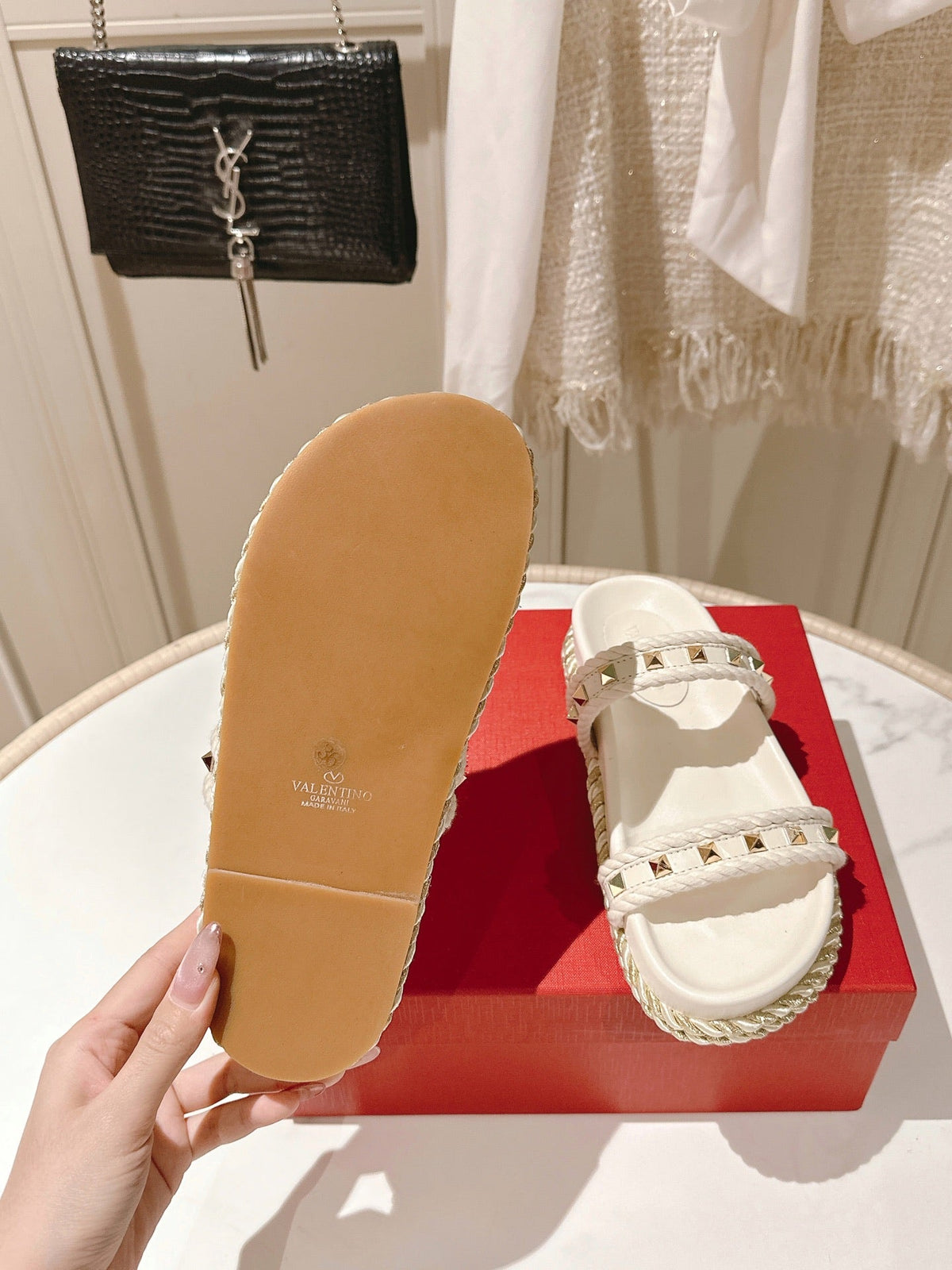 VT Rockstud Sandals White Espadrilles Cowhide 328128