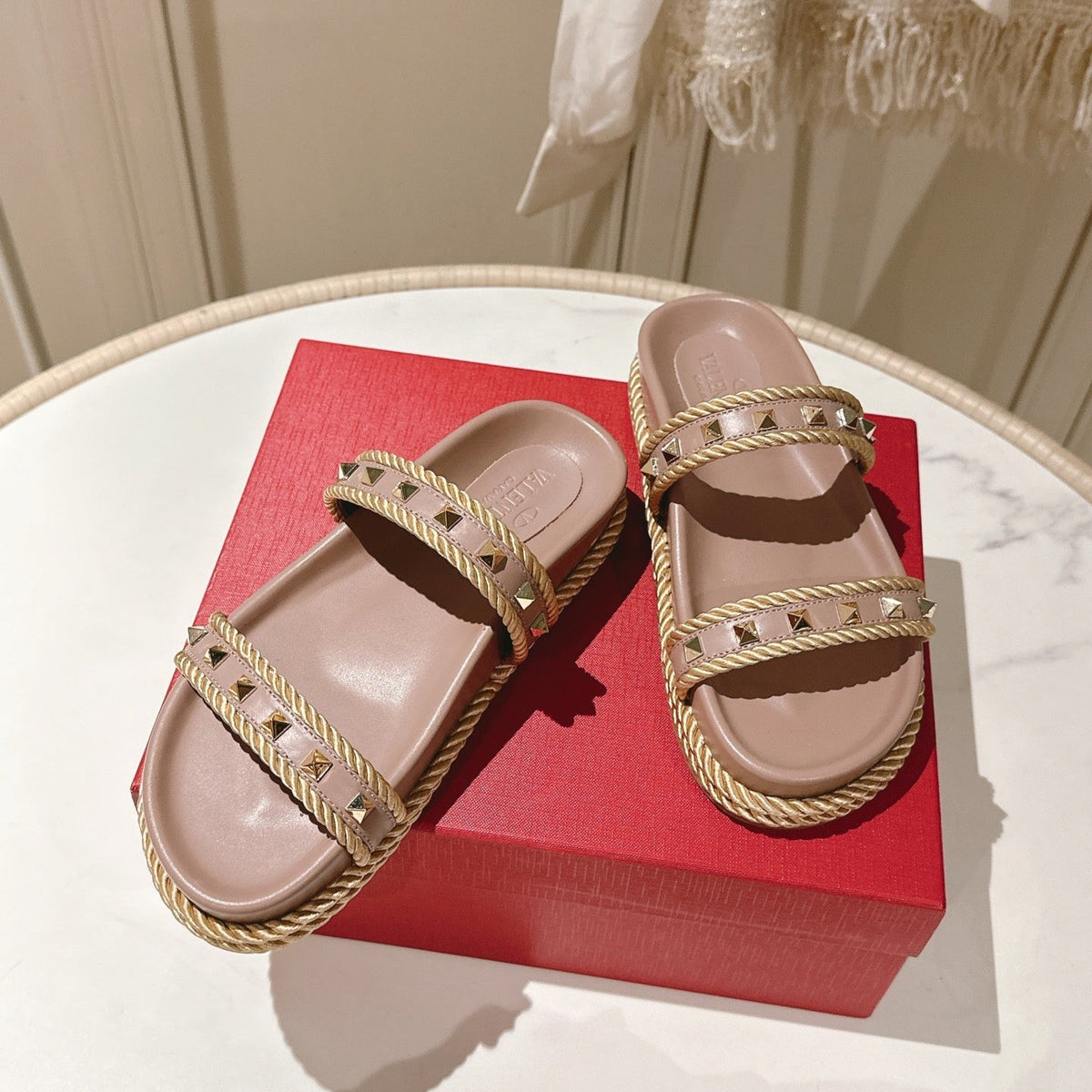 VT Rockstud Sandals Pink Nude Espadrilles Cowhide 328129