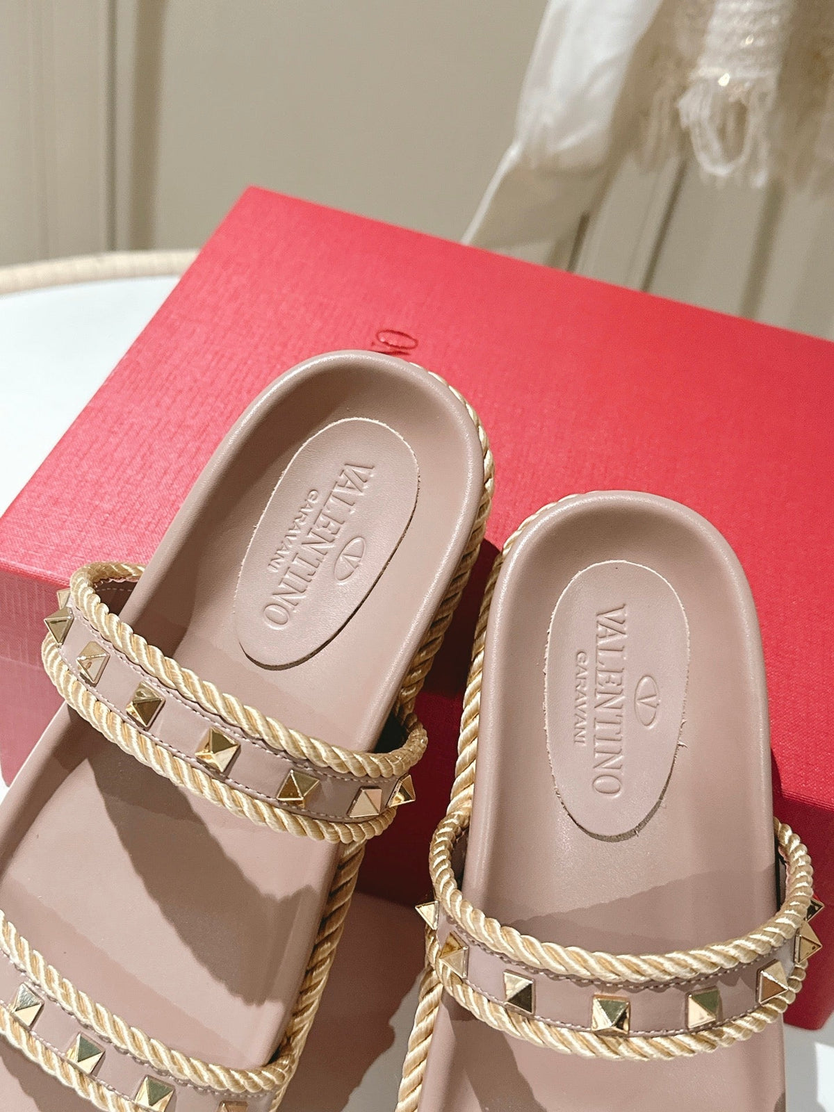 VT Rockstud Sandals Pink Nude Espadrilles Cowhide 328129