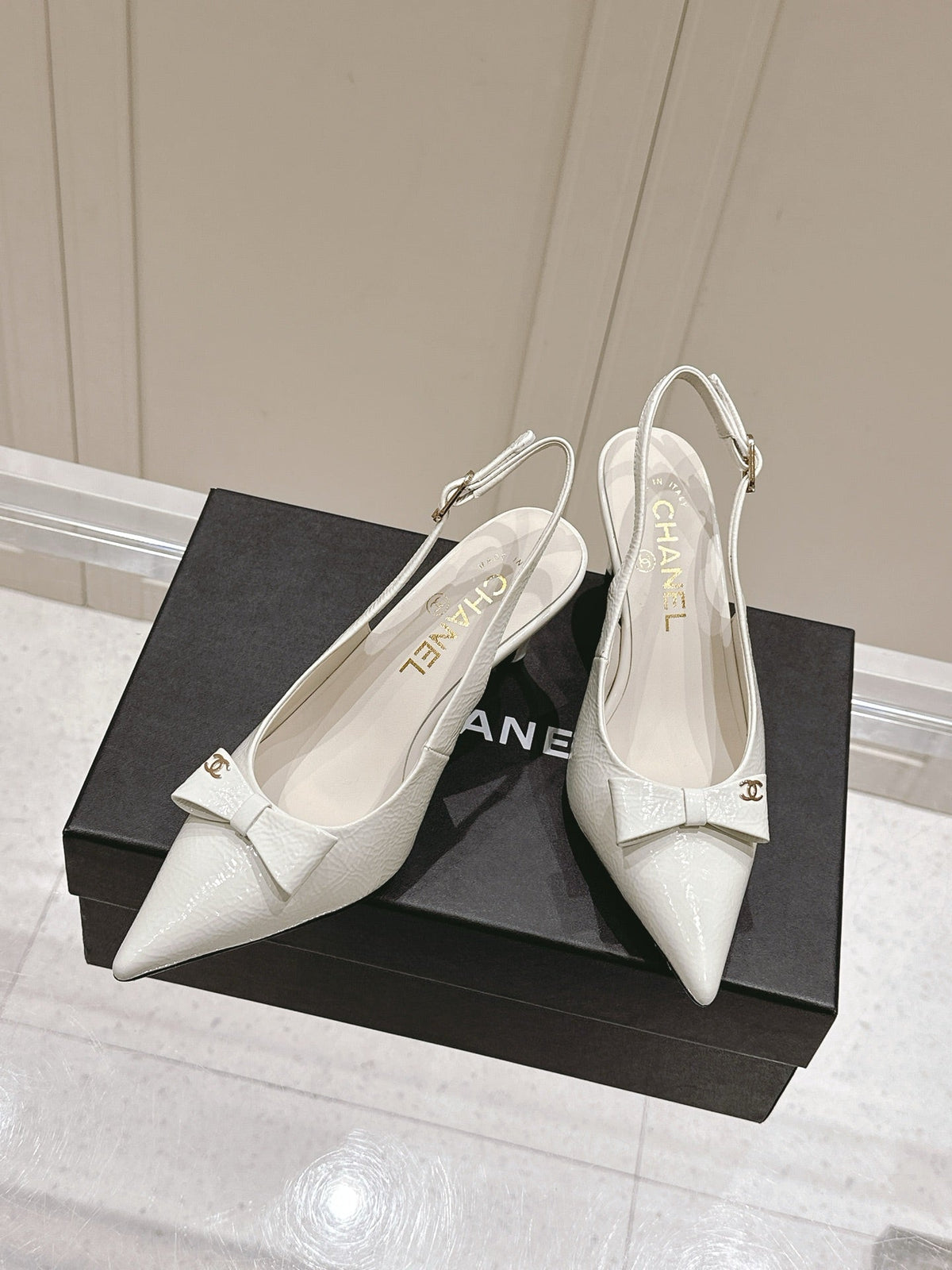 Chanel 25A Slingback White Patent  Calfskin 393072