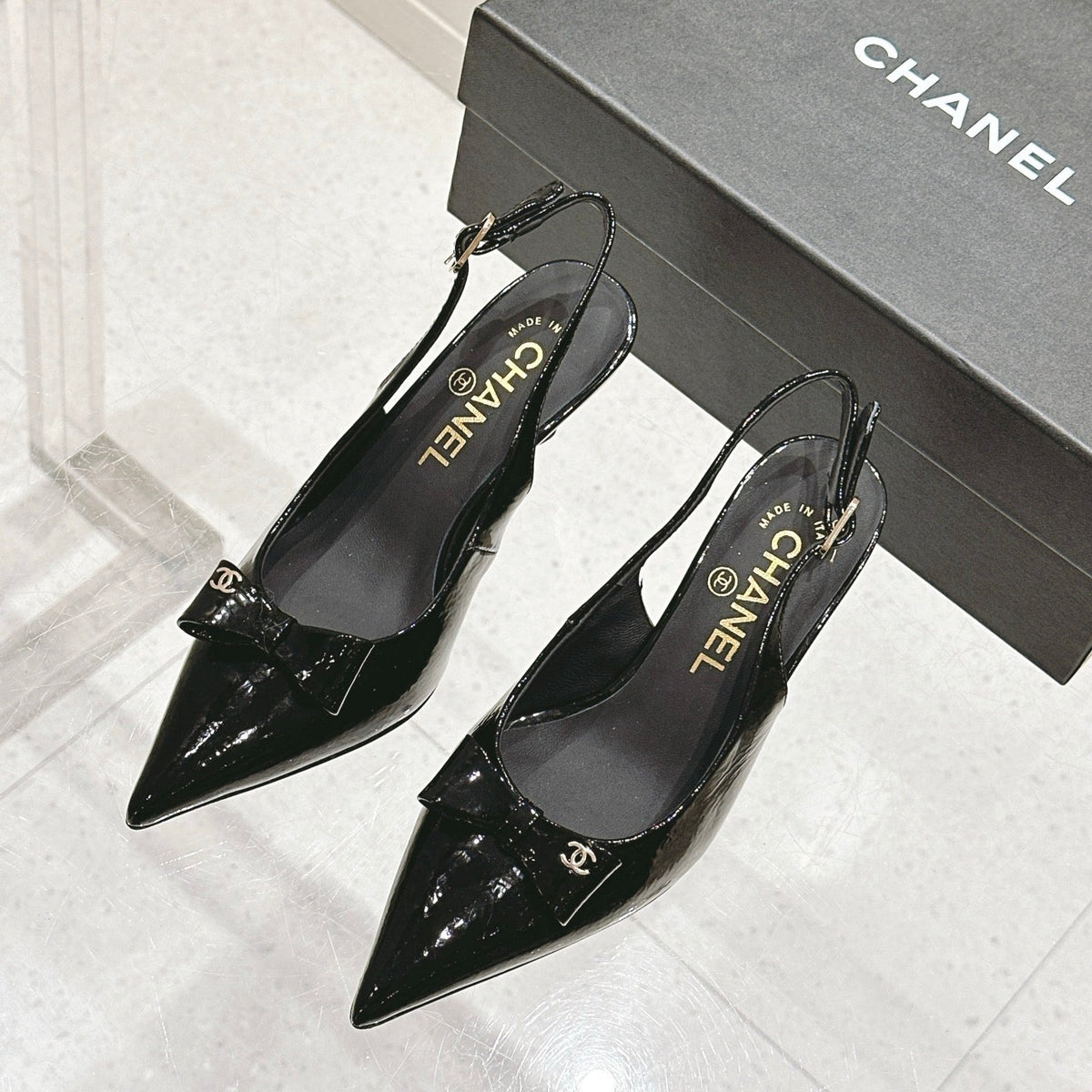 Chanel 25A Slingback Black Patent  Calfskin 393073