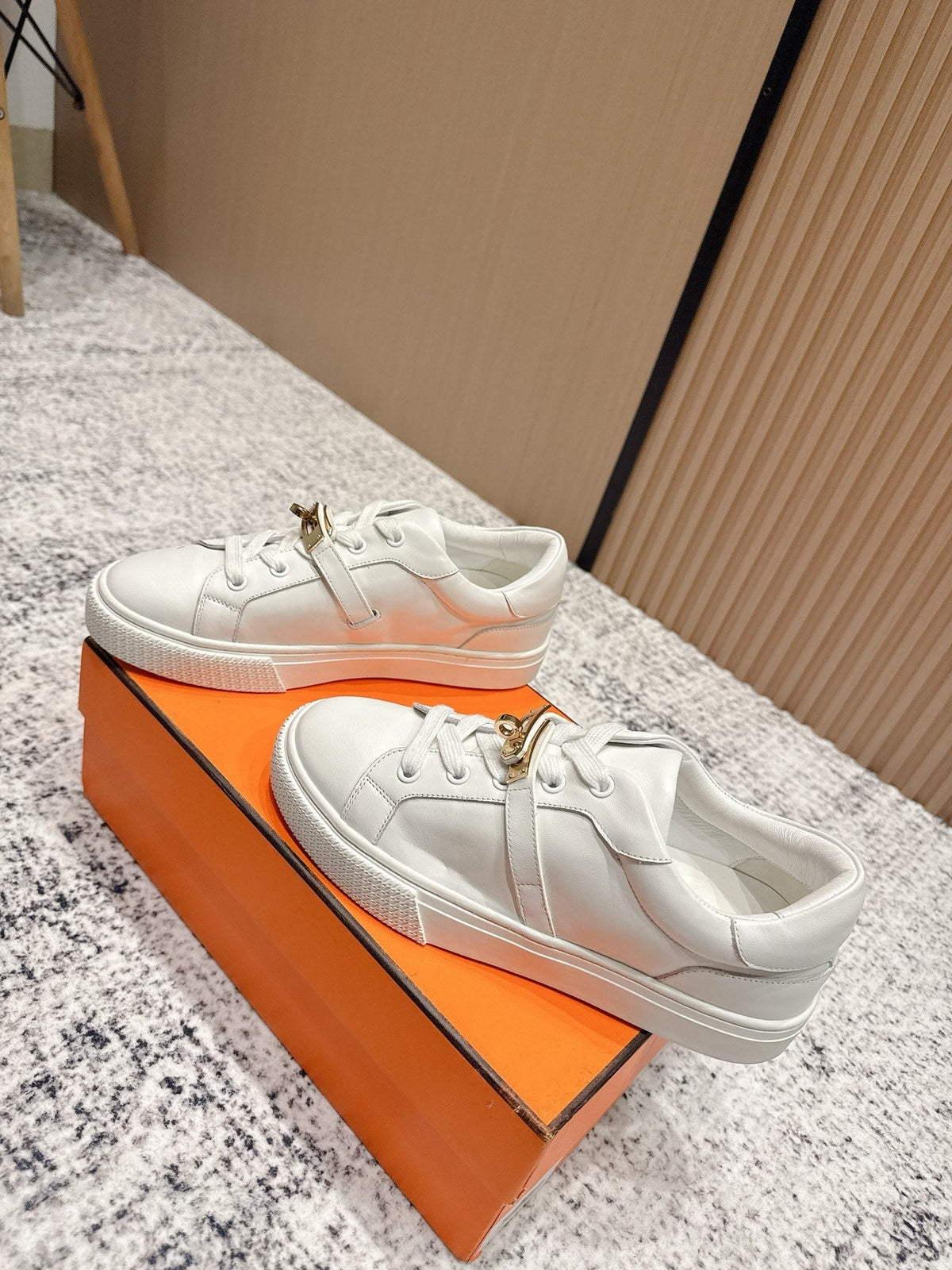 HM Casual Sneakers Gold Buckle  White Leather