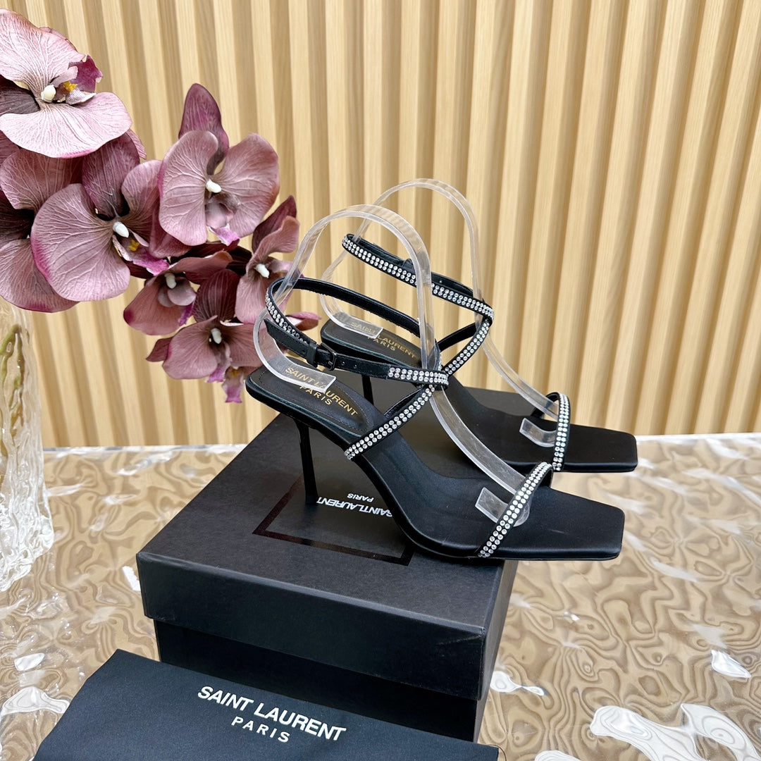 SL STRAP WHITE CRYSTAL HIGH SANDAL BLACK SATIN