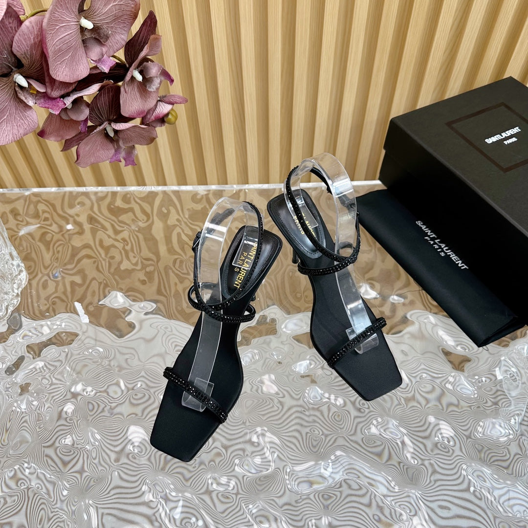 SL STRAP CRYSTAL HIGH SANDAL BLACK SATIN