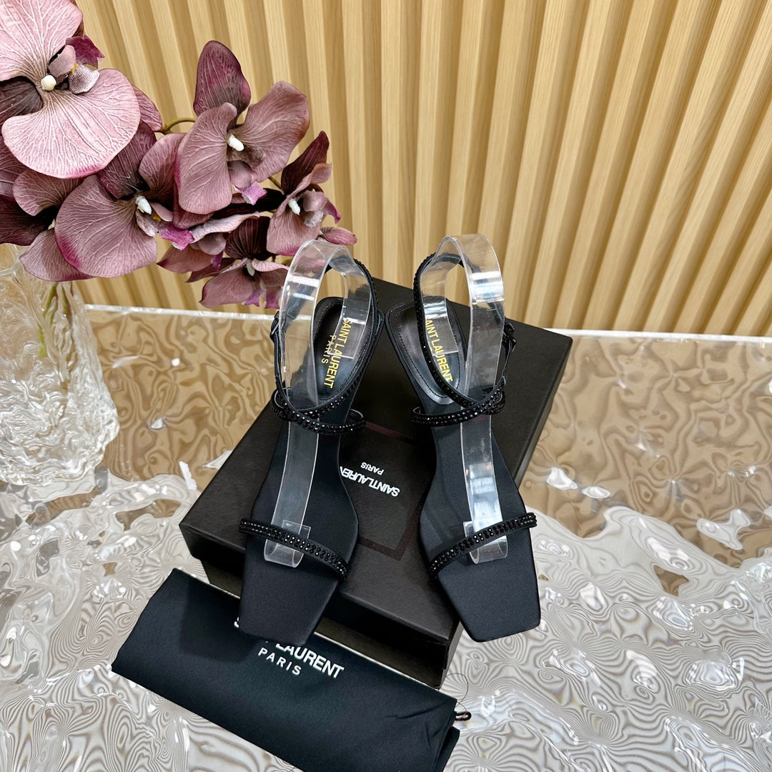SL STRAP CRYSTAL HIGH SANDAL BLACK SATIN