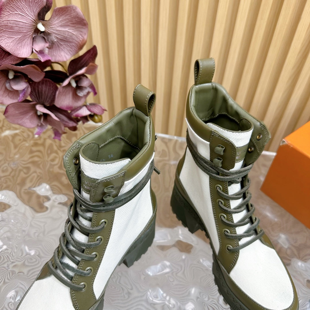 LV Laureate Platform Desert Boot 70mm White Mix Khaki Green Denim Fabric
