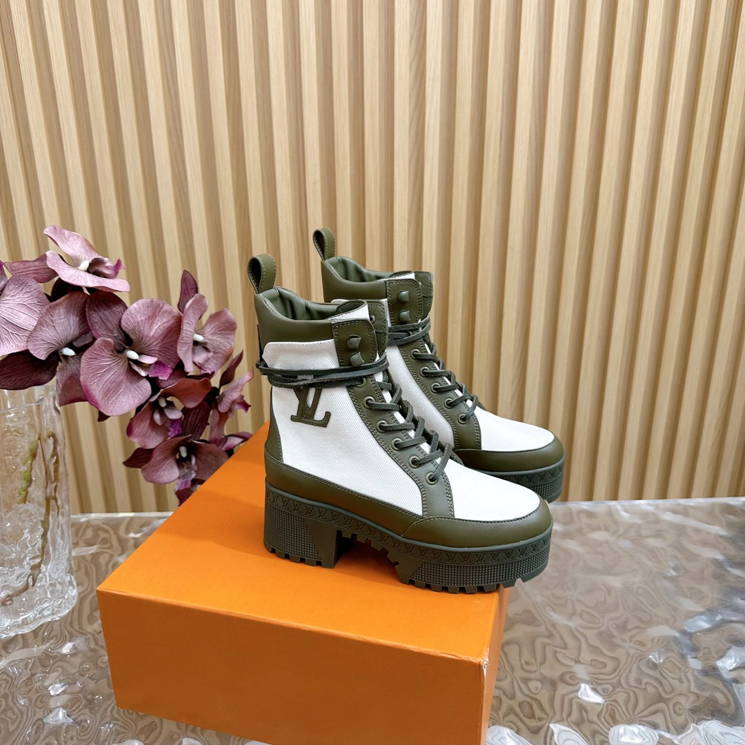 LV Laureate Platform Desert Boot 70mm White Mix Khaki Green Denim Fabric