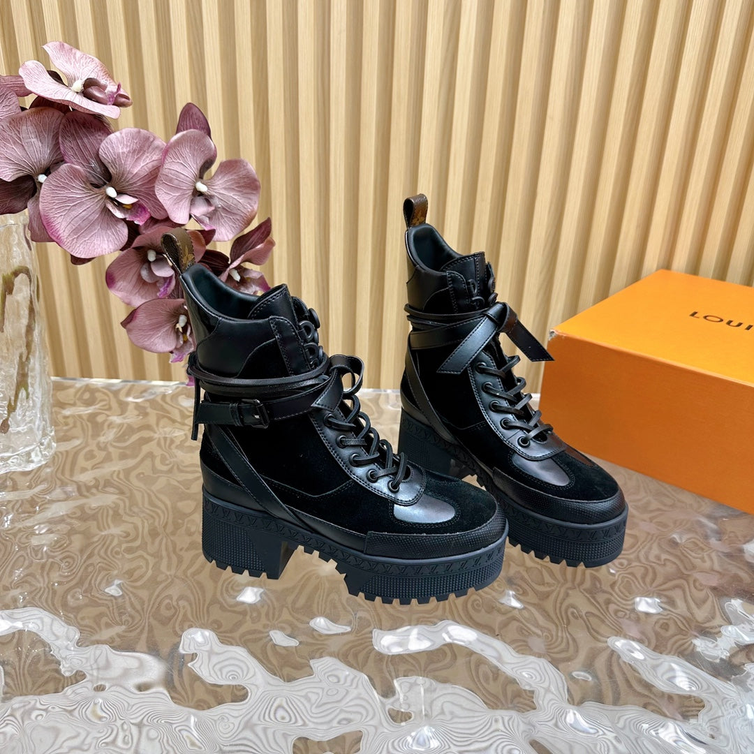LV Laureate Platform Desert Boot 70mm Black Suede