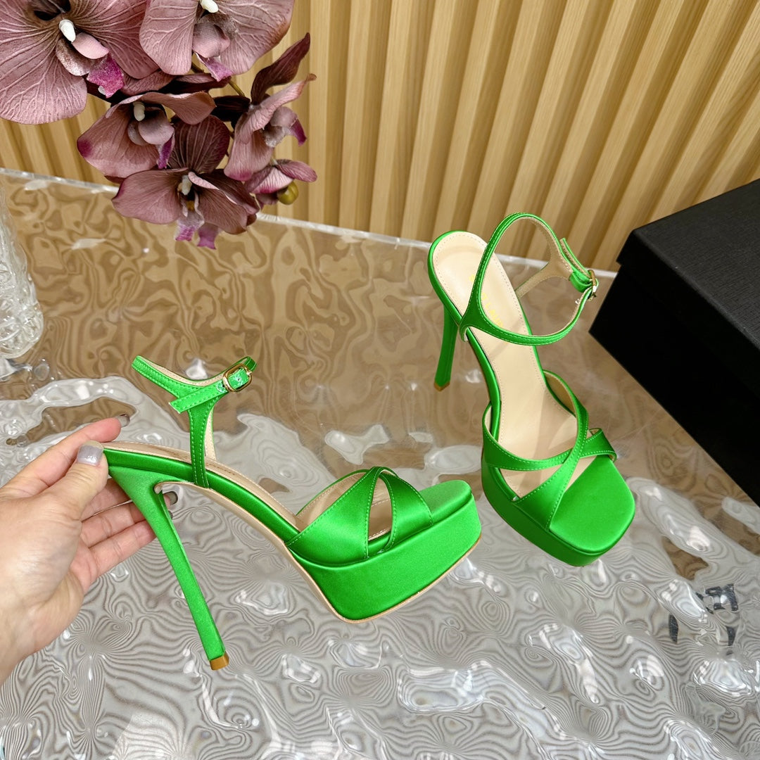 DEBBIE PLATFORM SANDALS IN GREEN SILK