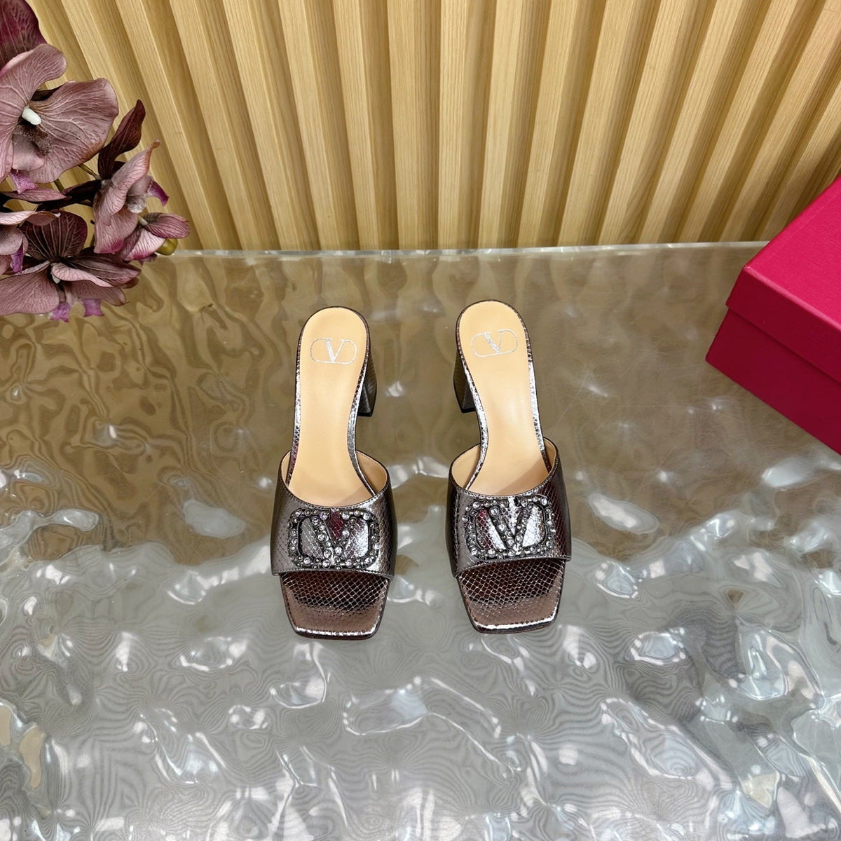 VT 25 Vlogo Mule Pink Gold Snakeskin Leather