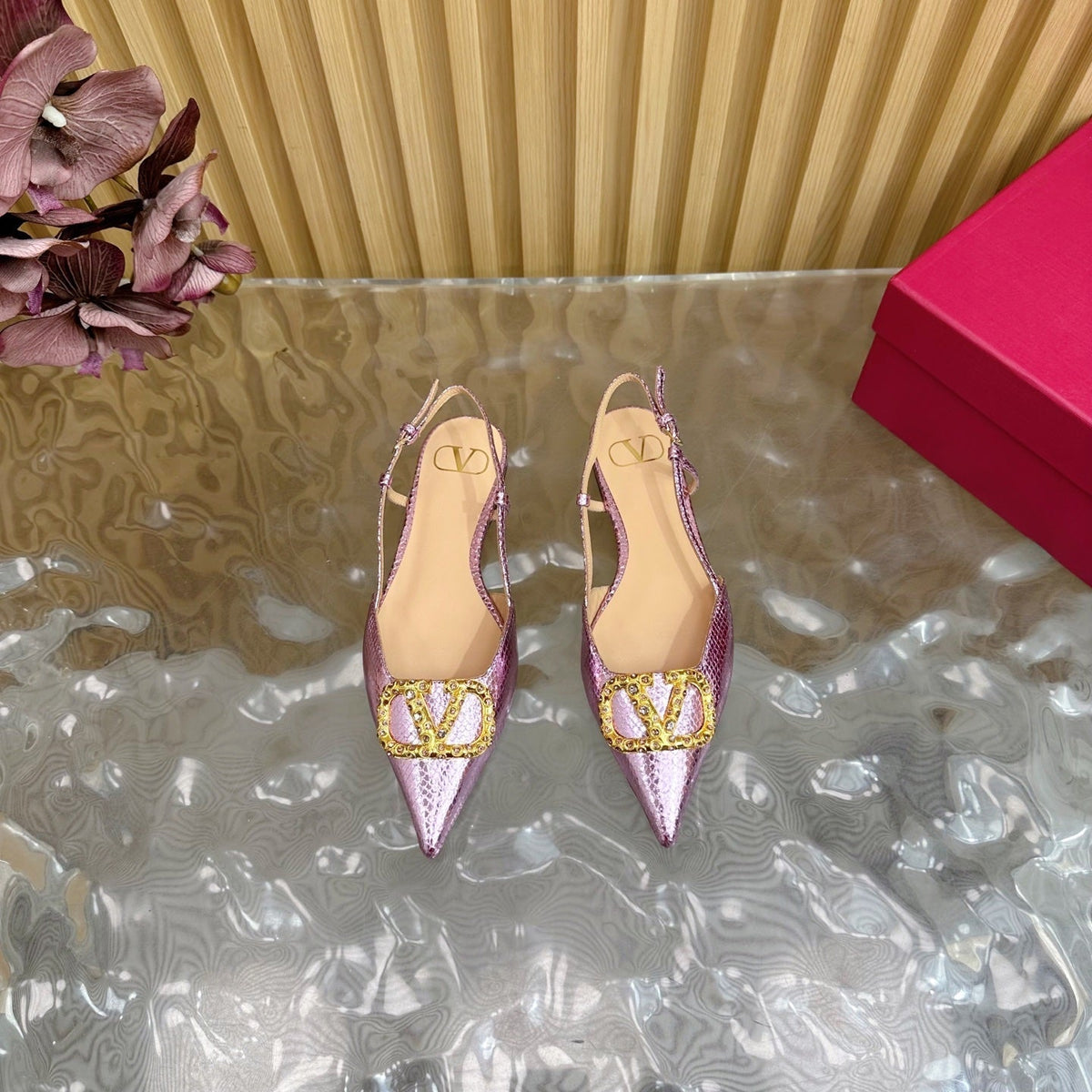 VT Slingback Flat Pink Snake-grain Leather 331936