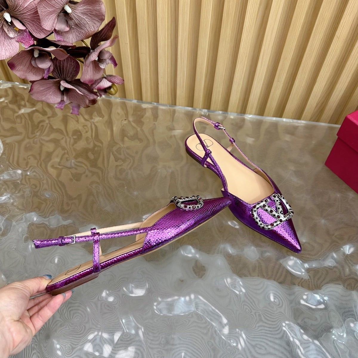 VT Slingback Flat Purple Snake-grain Leather