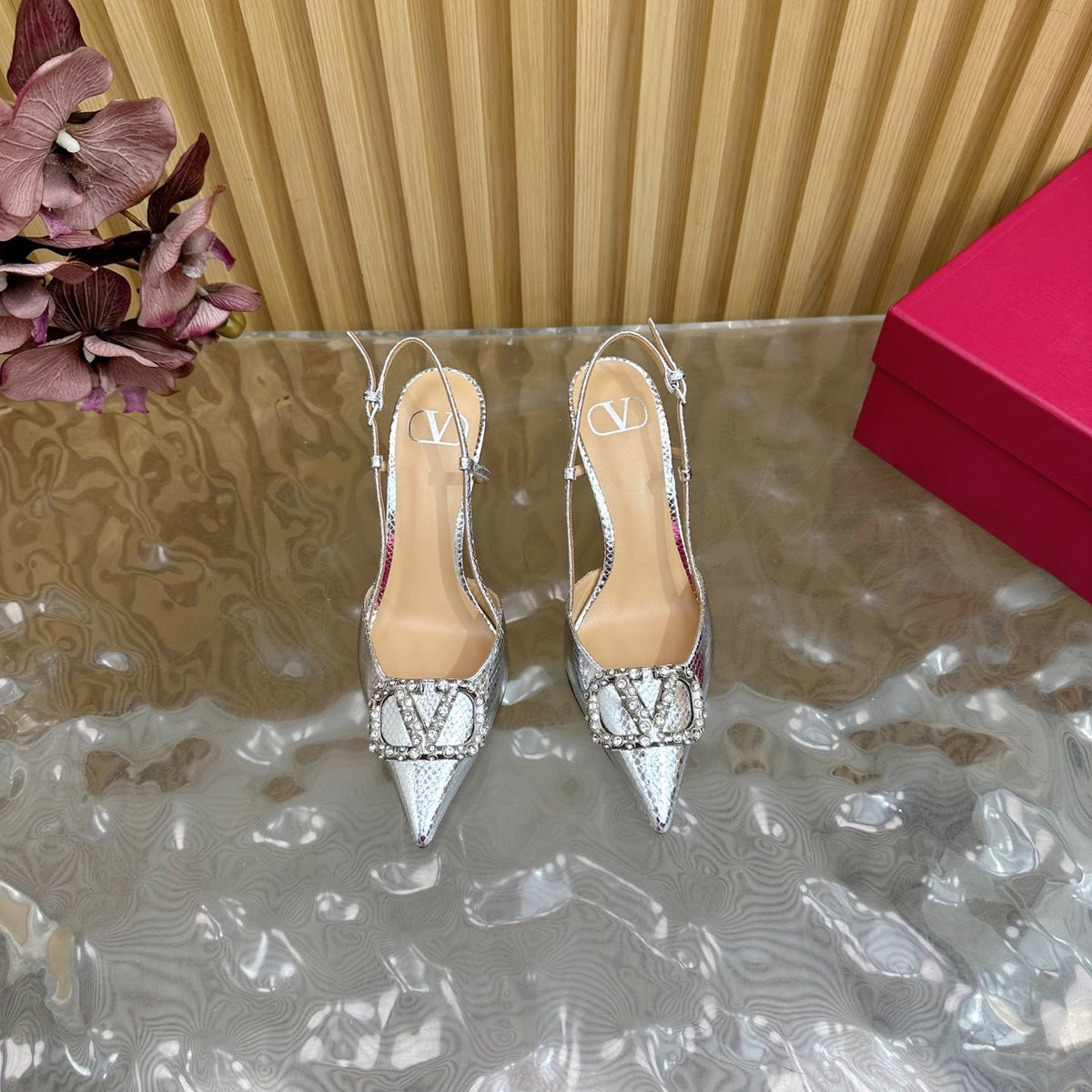 VT Slingback 8cm Silver Snake-grain Leather