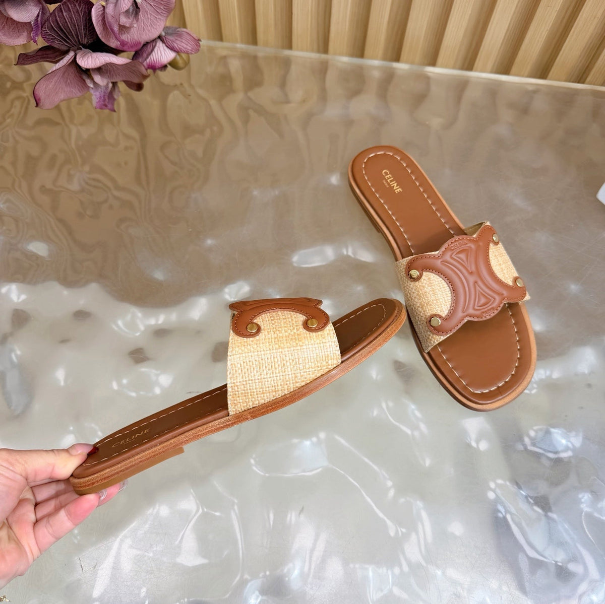 Celine 26  Triomphe Slide Sandals Leather 773953