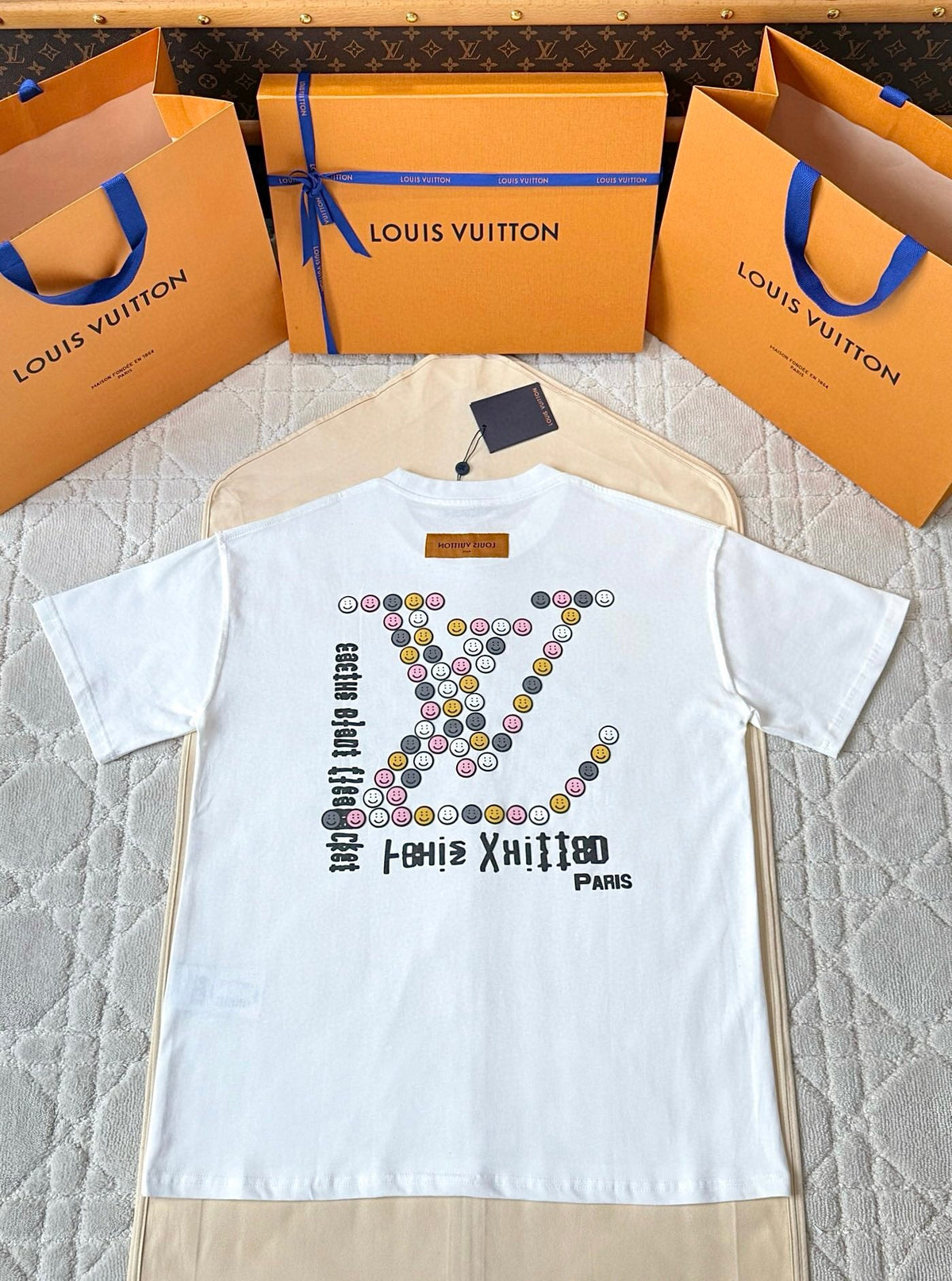 LV 25 Rainbow Smiley Face Print Short Sleeves Shirt White Cotton