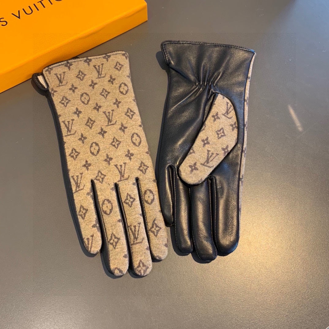LV Gloves In Light Brown Jacquard Fabric And Lambskin 473508