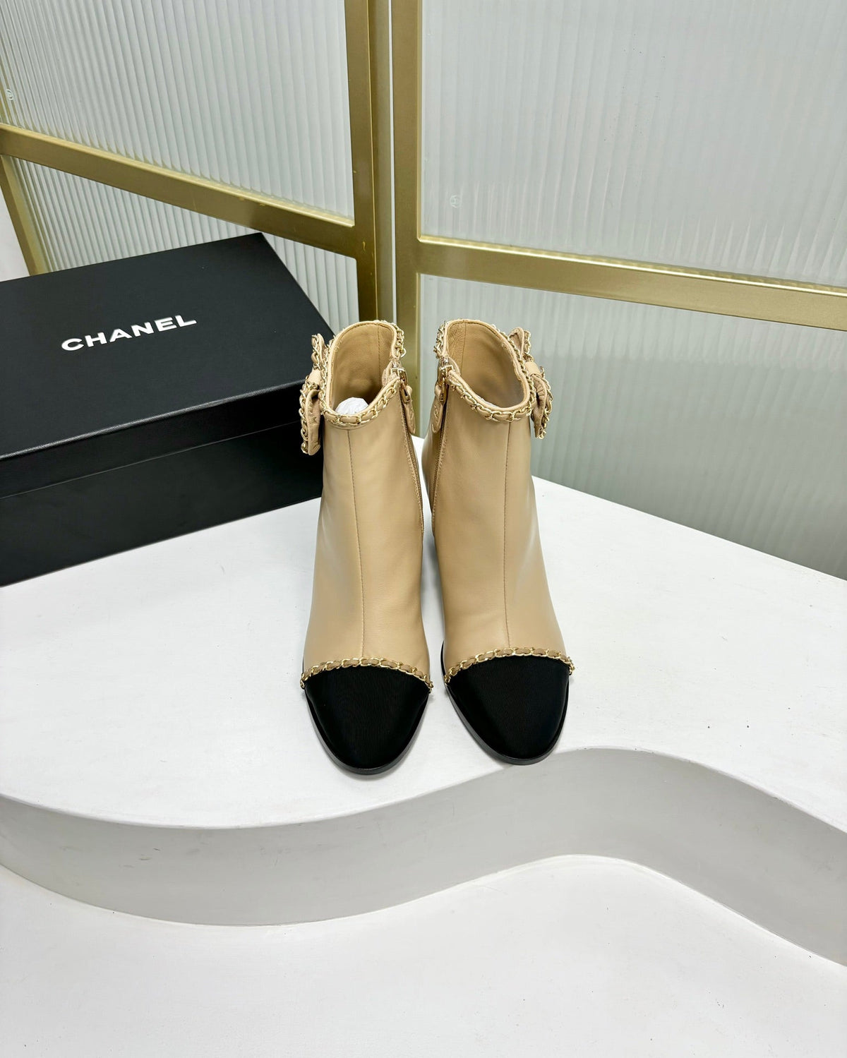 CC Ankle Boot 65 Beige Calfkin Black Grosgrain Leather Strap