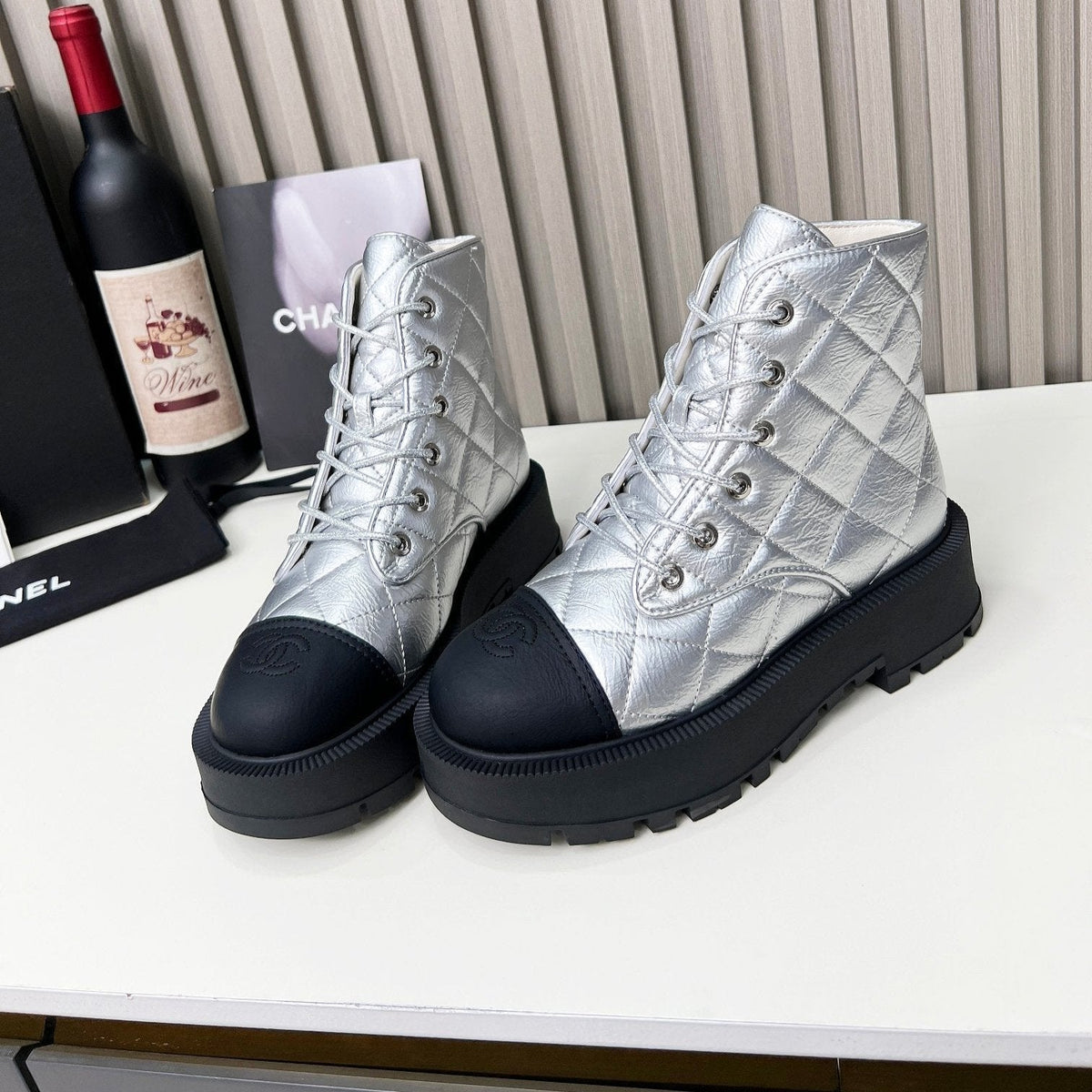 CC Combat Boots In Silver Quilted Lambskin 944579