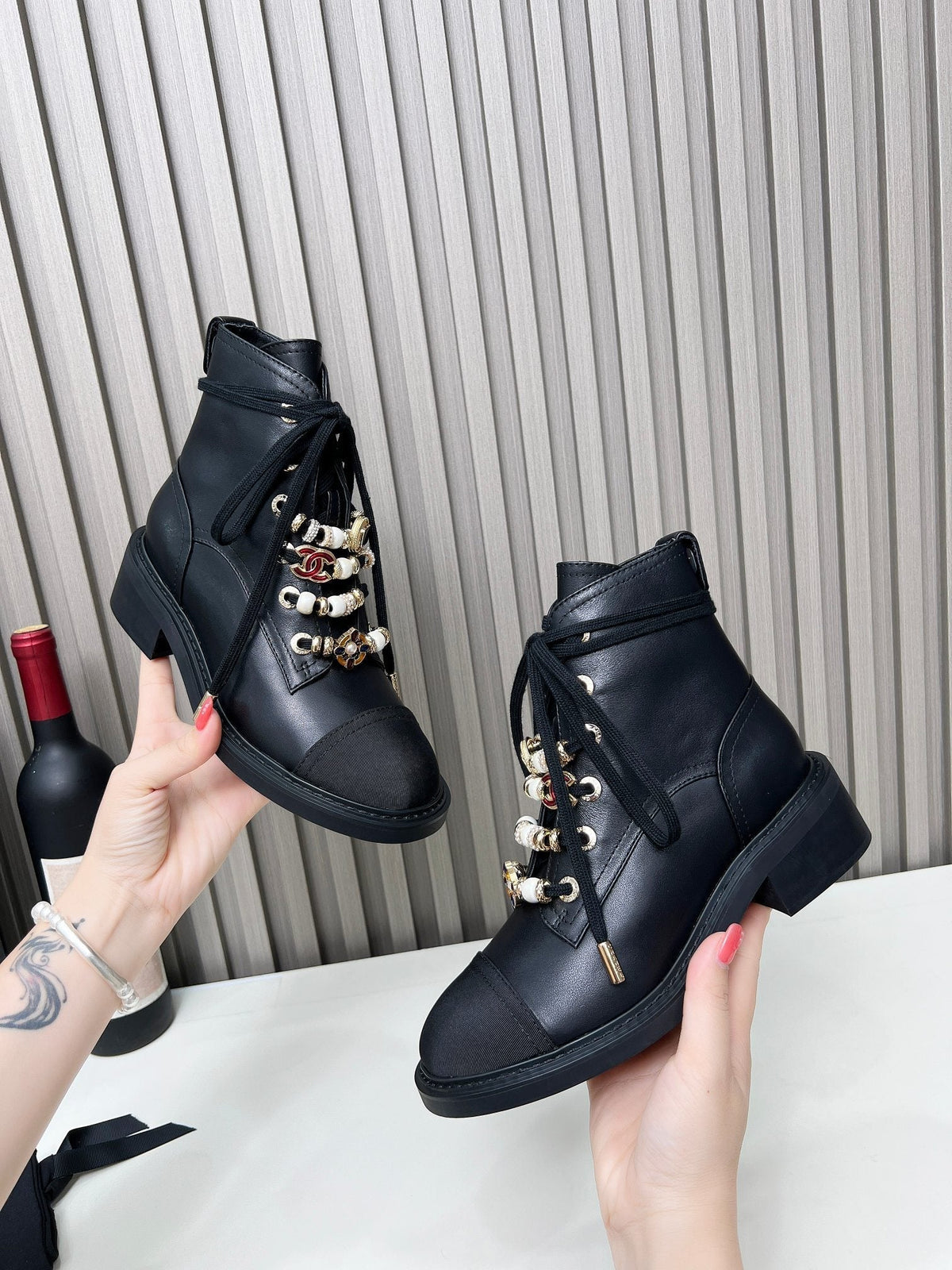 CC Combat Boots 50mm Black Calfskin And Lycra Fabric 944548