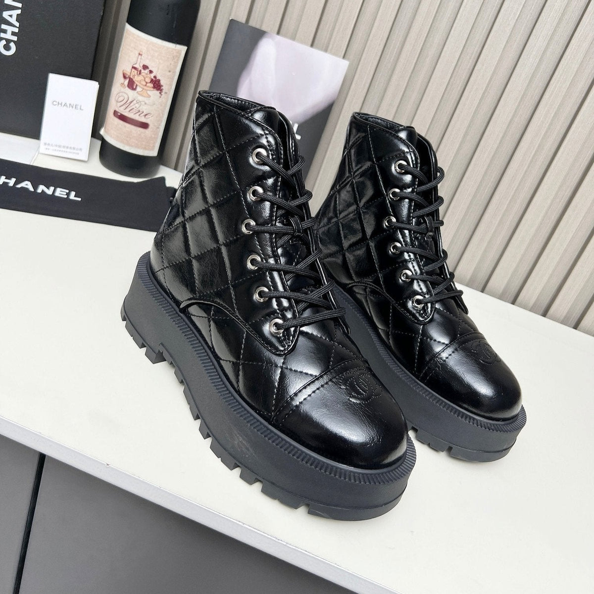 CC Combat Boots In Glossy Black Quilted Lambskin  944580