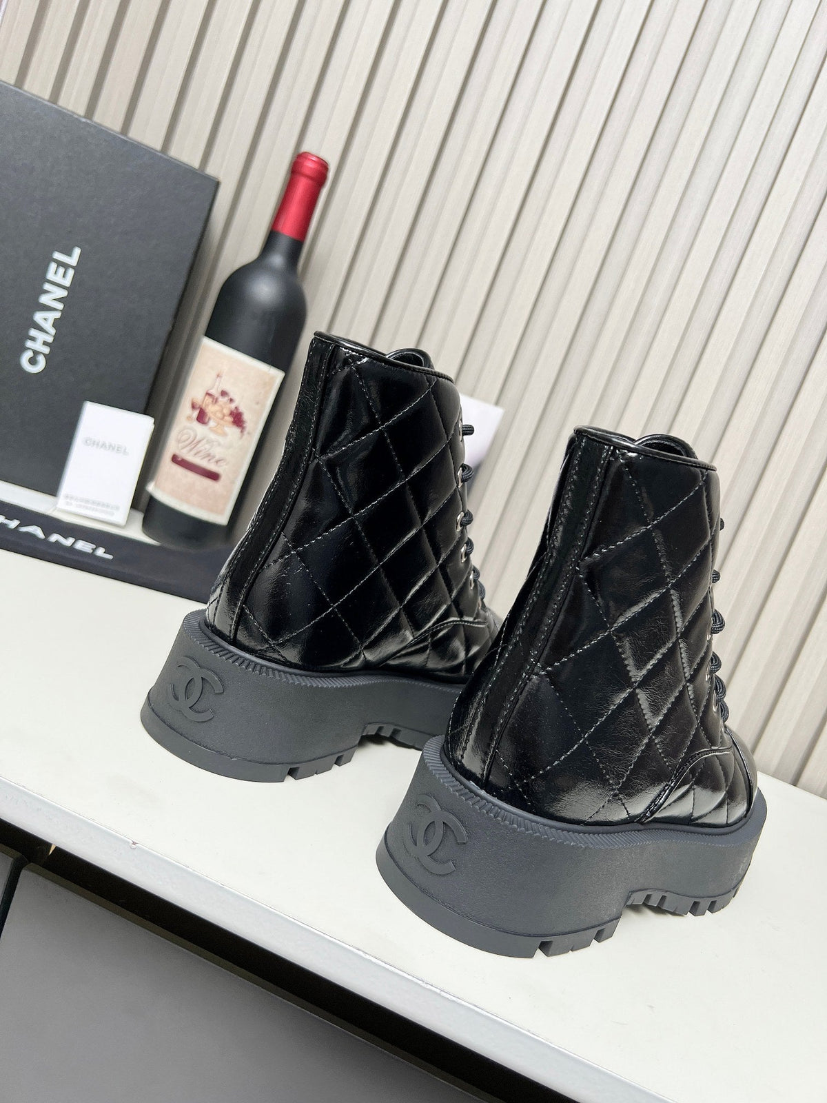 CC Combat Boots In Glossy Black Quilted Lambskin  944580