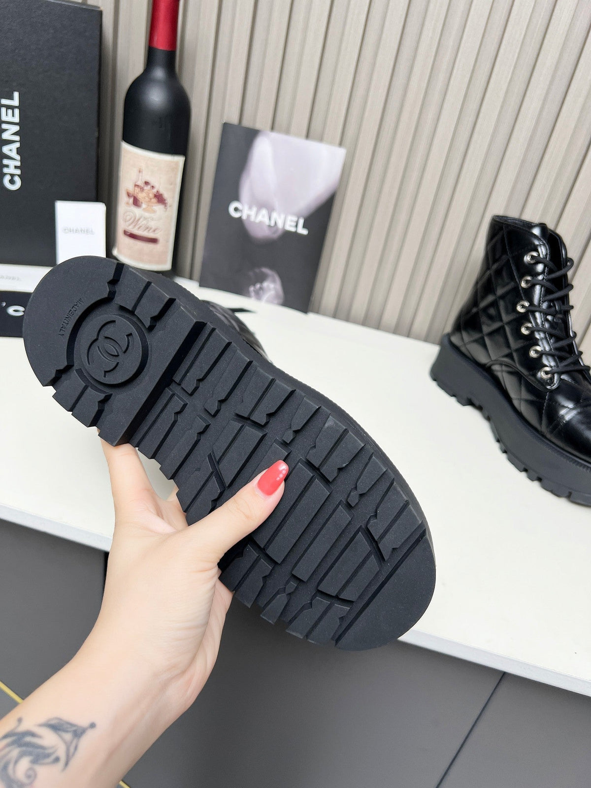 CC Combat Boots In Glossy Black Quilted Lambskin  944580