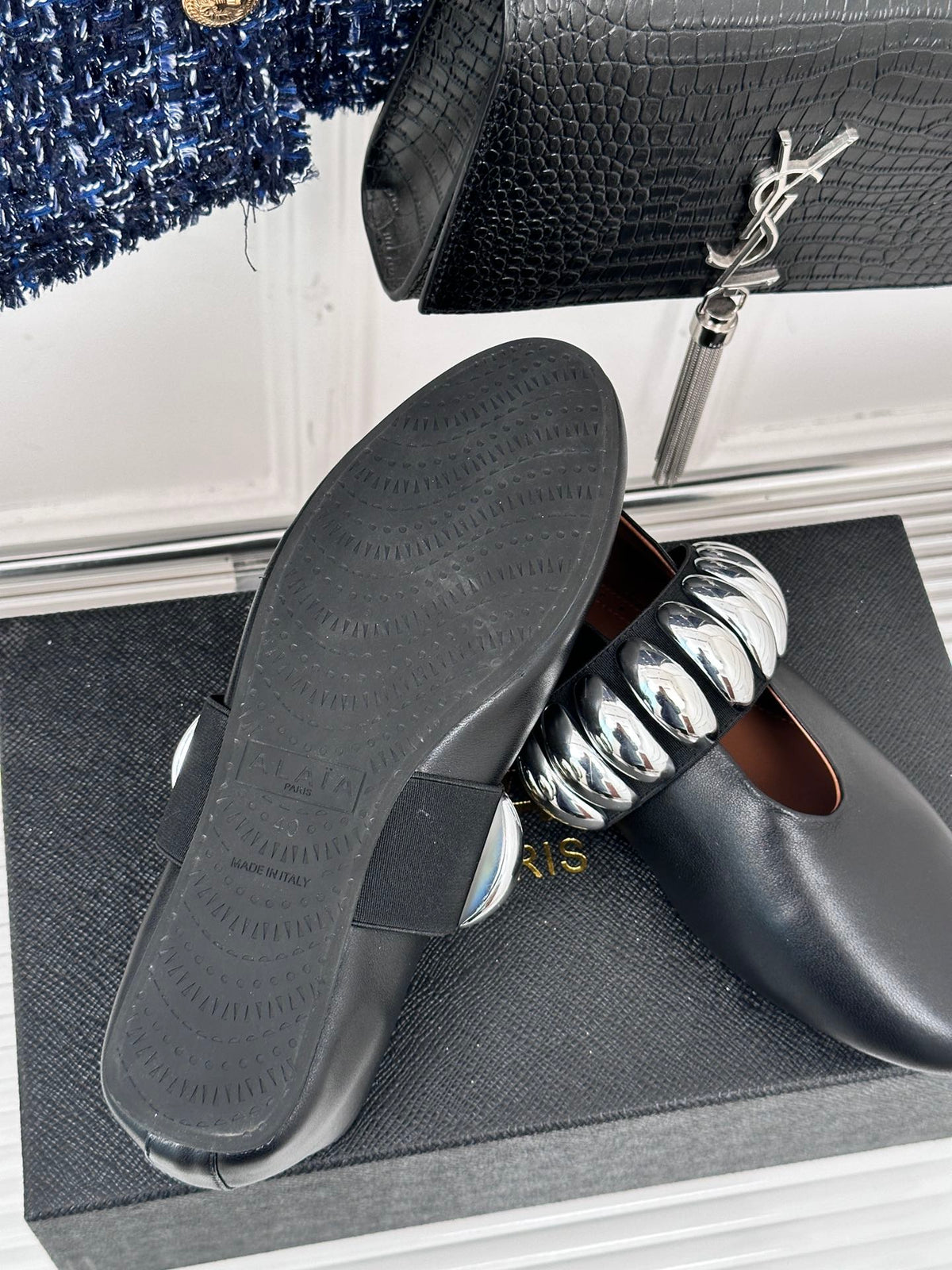 ballet flat silver jewel black lambskin